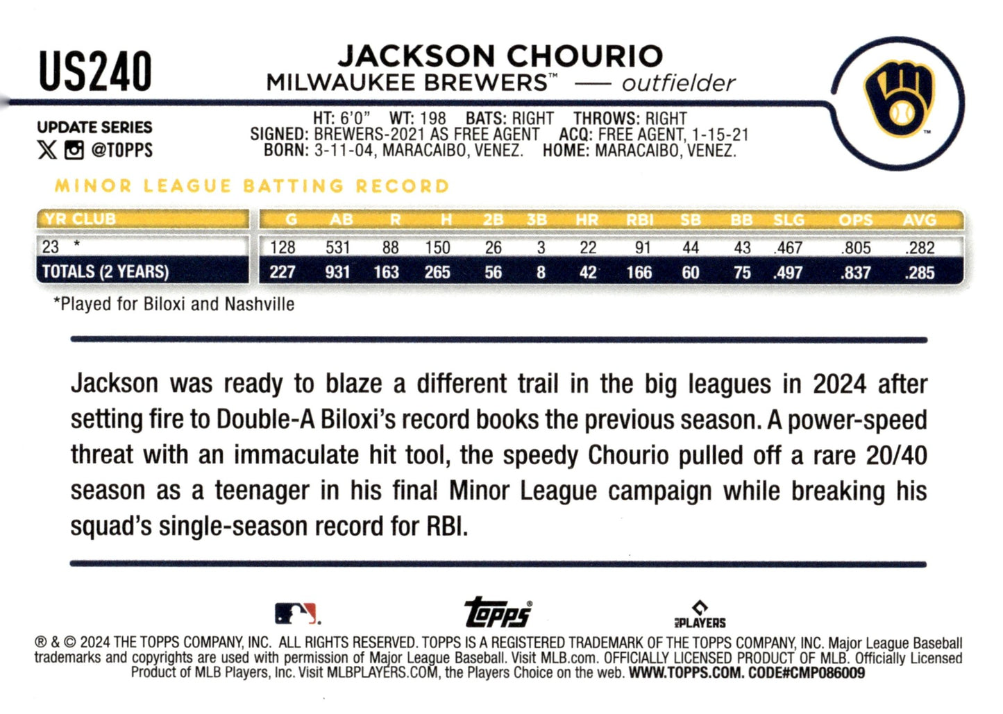 Jackson Chourio 2024 Topps Update Series RC US240 3 - Collector Store LLC