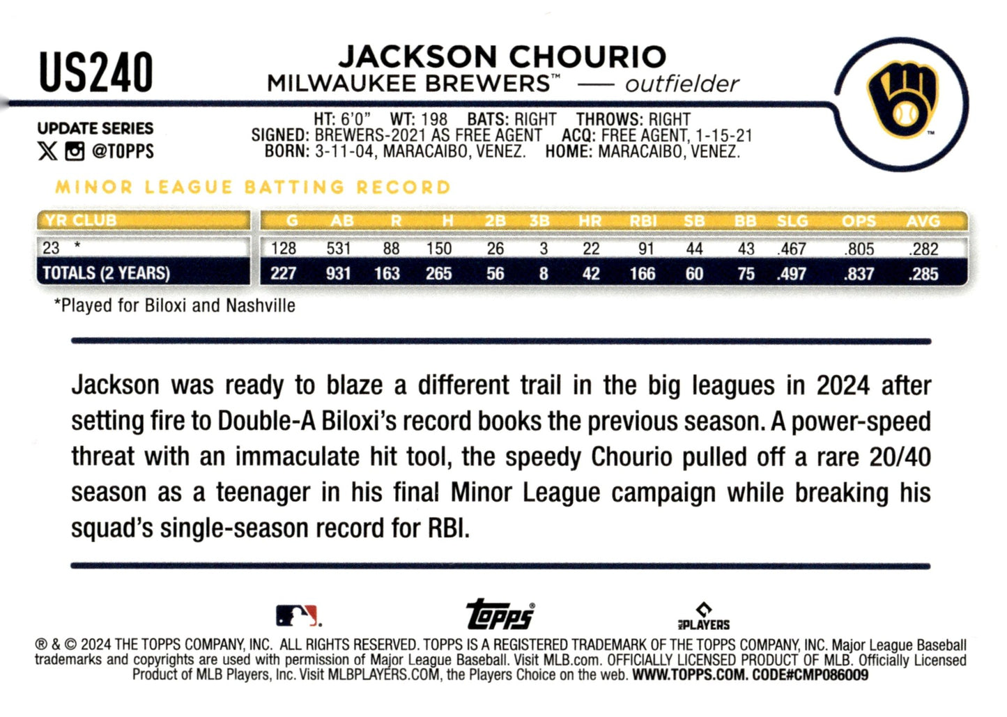 Jackson Chourio 2024 Topps Update Series RC #US240 - Collector Store LLC