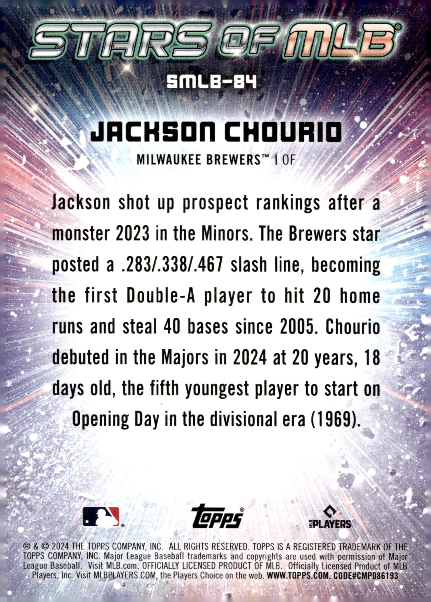 Jackson Chourio 2024 Topps Update Series Stars of MLB RC SMLB - 84 2 - Collector Store LLC