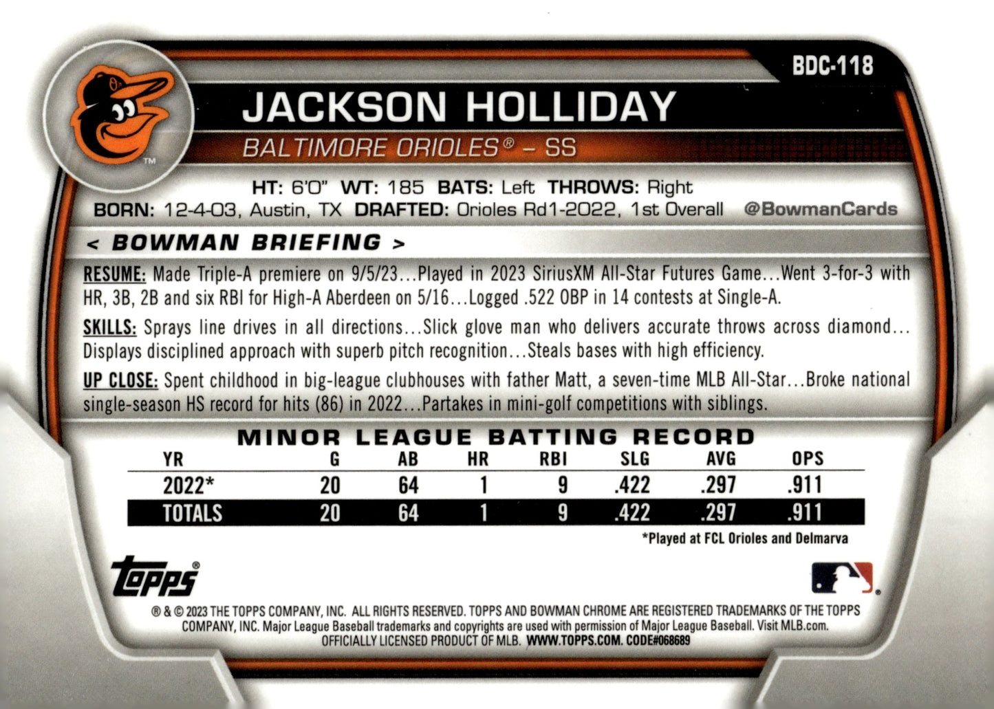 Jackson Holliday 2023 Bowman Chrome BDC - 118 - Collector Store LLC