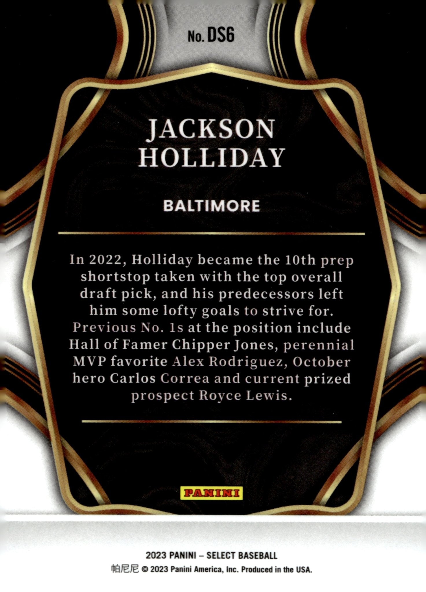 Jackson Holliday 2023 Panini Select Draft Selections #DS6 - Collector Store LLC