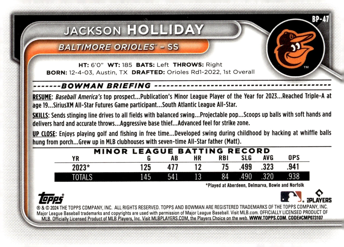 Jackson Holliday 2024 Bowman BP - 47 - Collector Store LLC
