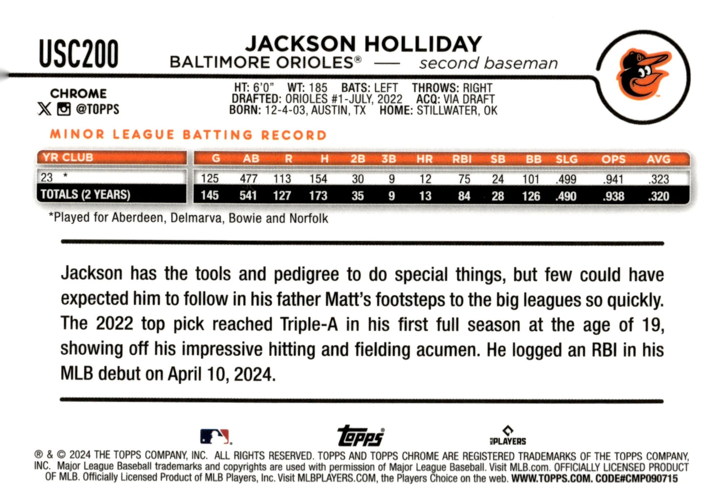 Jackson Holliday 2024 Topps Chrome RC #USC200 #3 - Collector Store LLC