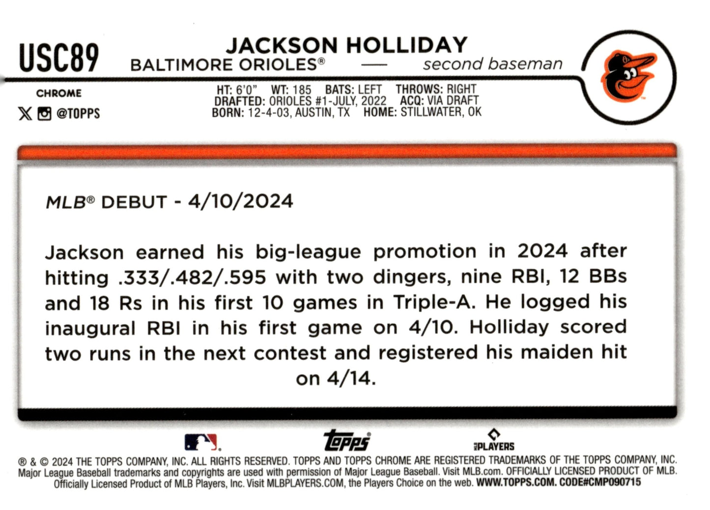 Jackson Holliday 2024 Topps Chrome RC USC89 2 - Collector Store LLC