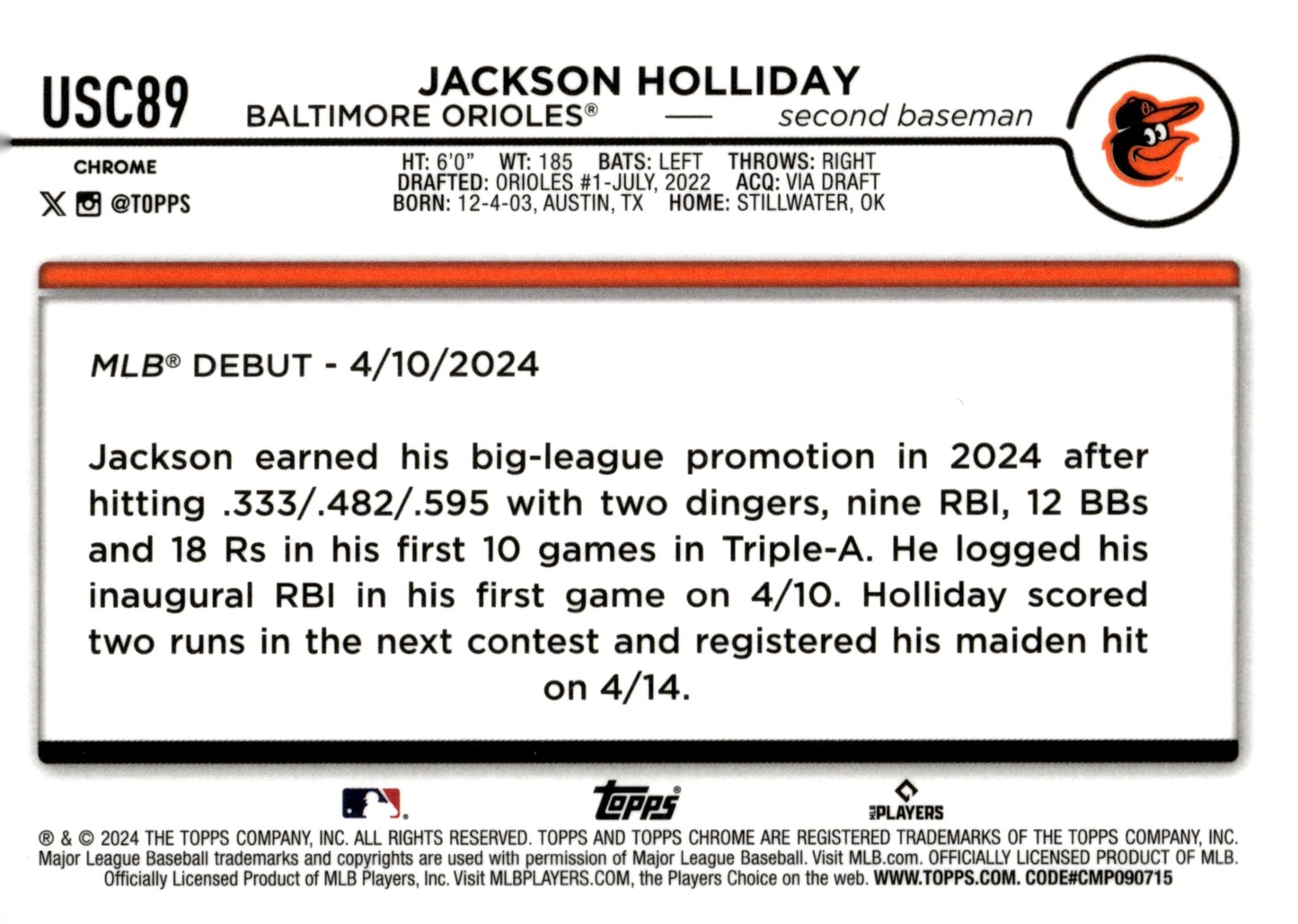 Jackson Holliday 2024 Topps Chrome RC USC89 3 - Collector Store LLC