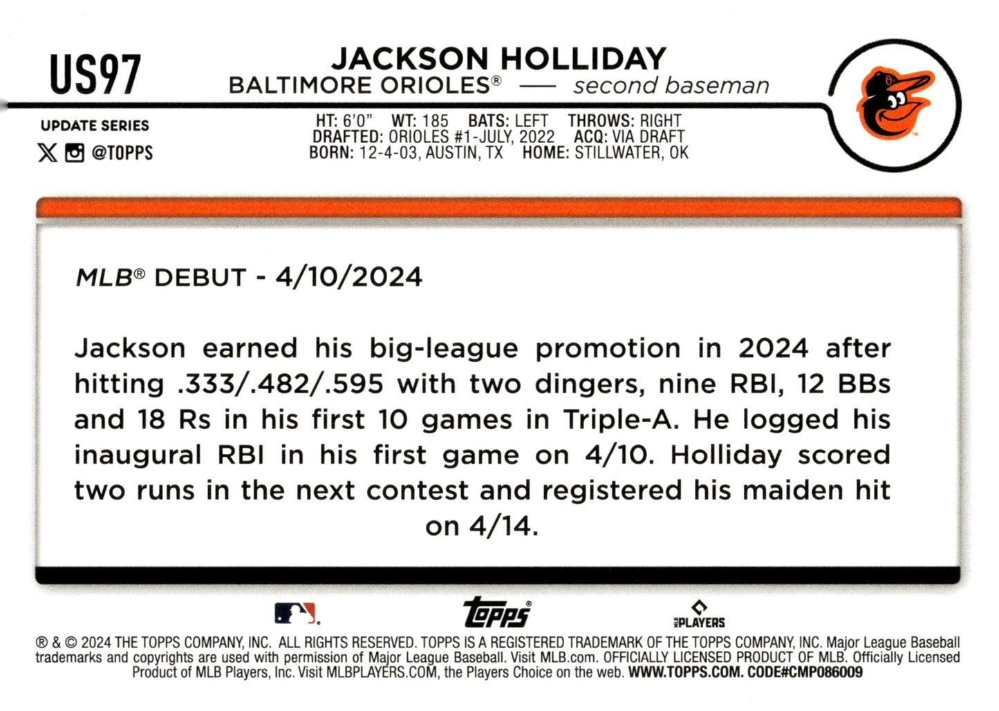 Jackson Holliday 2024 Topps Update Series RC Foil #US97 - Collector Store LLC