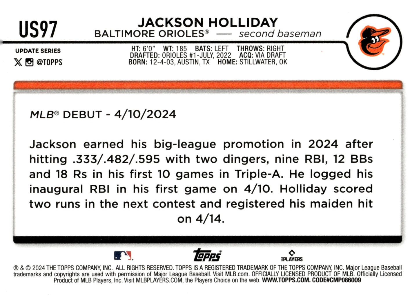 Jackson Holliday 2024 Topps Update Series RC US97 5 - Collector Store LLC