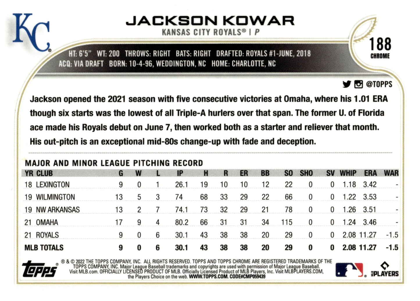 Jackson Kowar 2022 Topps Chrome Black & White Ray Wave Refractor RC 188 - Collector Store LLC