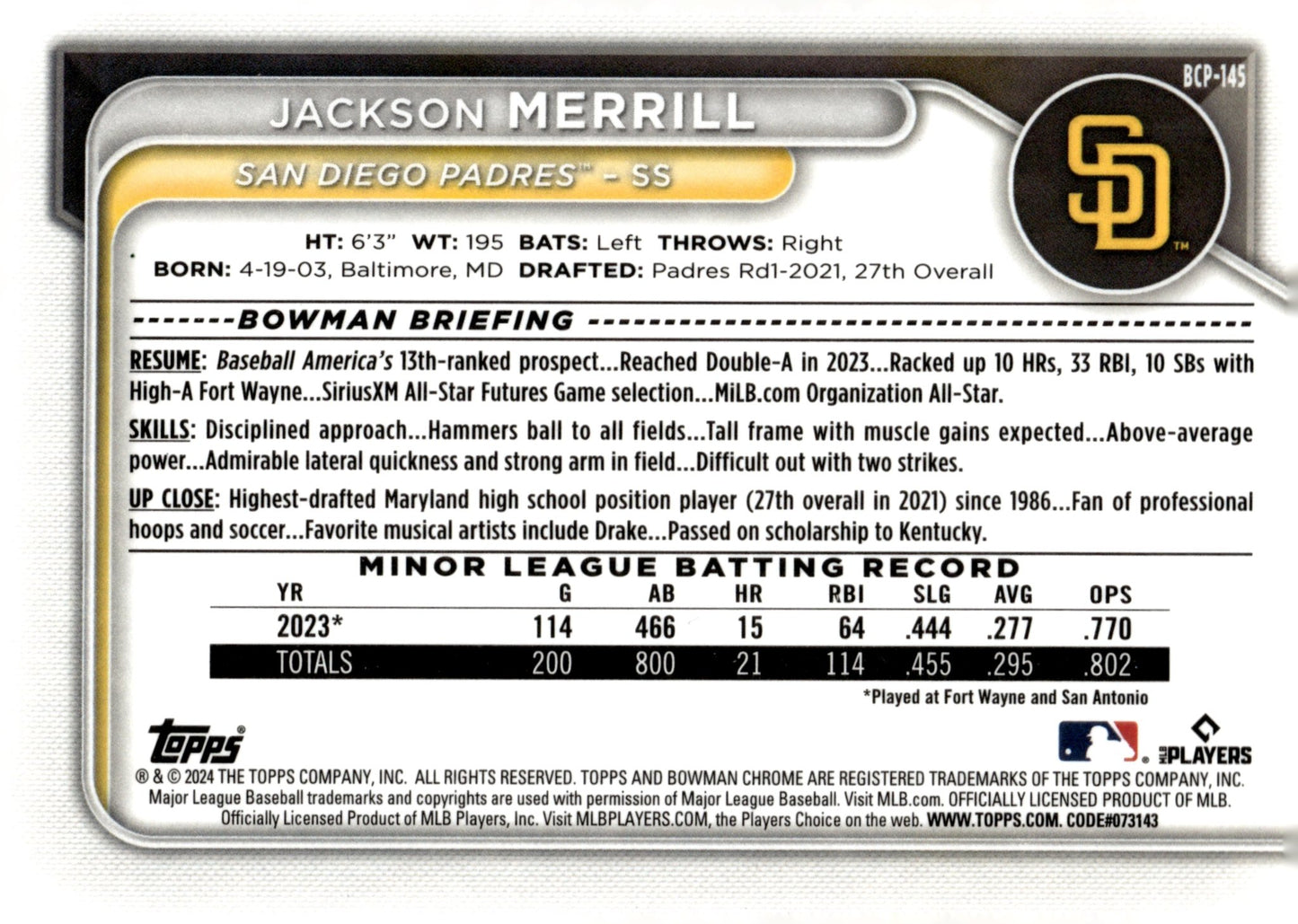 Jackson Merrill 2024 Bowman Chrome #BCP - 145 - Collector Store LLC