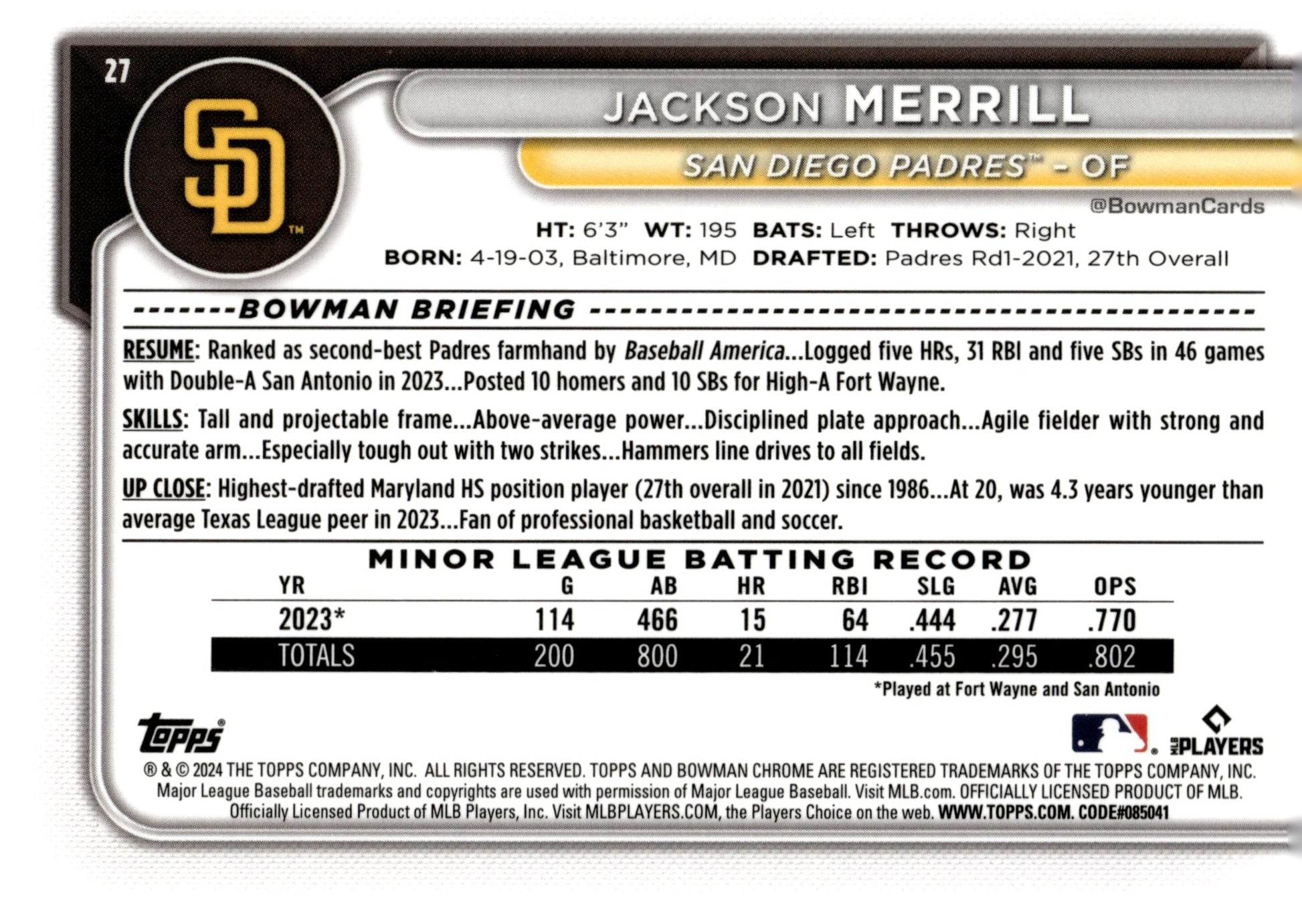 Jackson Merrill 2024 Bowman Chrome RC #27 - Collector Store LLC