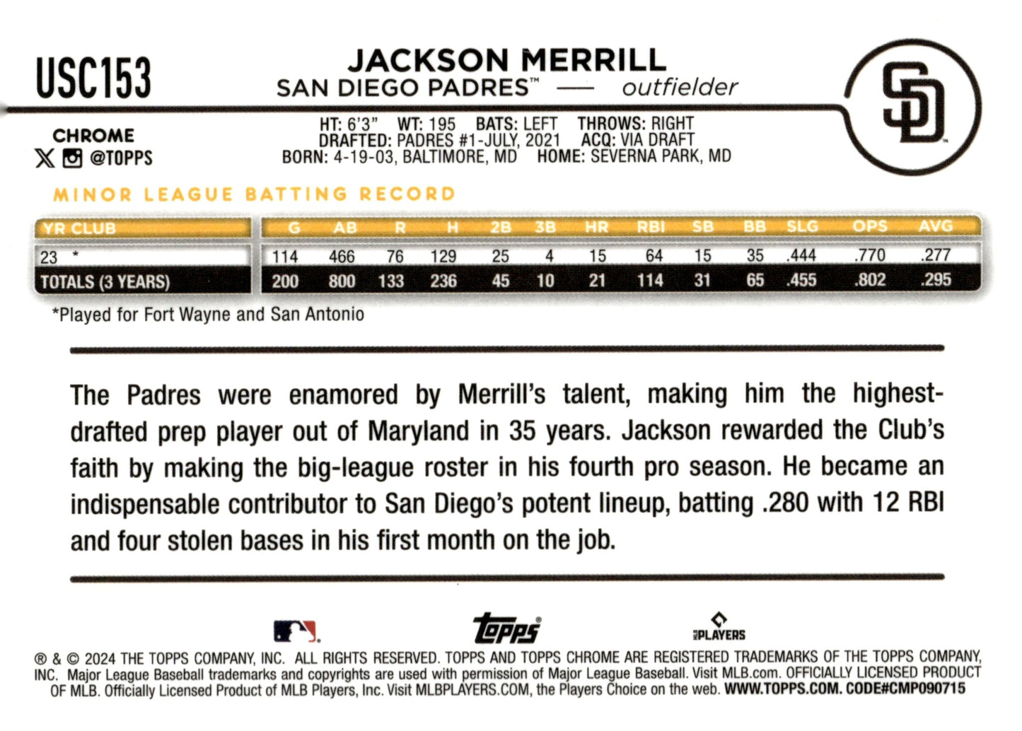 Jackson Merrill 2024 Topps Chrome RC #USC153 - Collector Store LLC