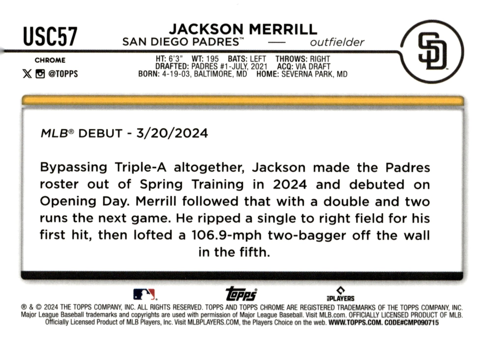 Jackson Merrill 2024 Topps Chrome RC #USC57 #1 - Collector Store LLC