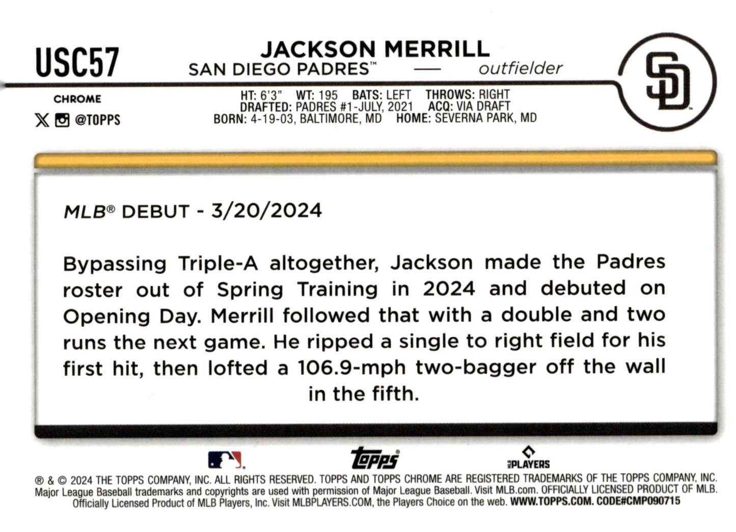 Jackson Merrill 2024 Topps Chrome RC #USC57 #3 - Collector Store LLC