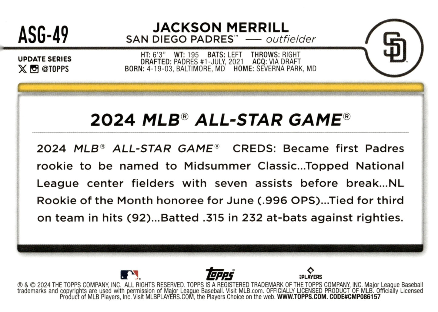 Jackson Merrill 2024 Topps Update Series RC #ASG - 49 #1 - Collector Store LLC