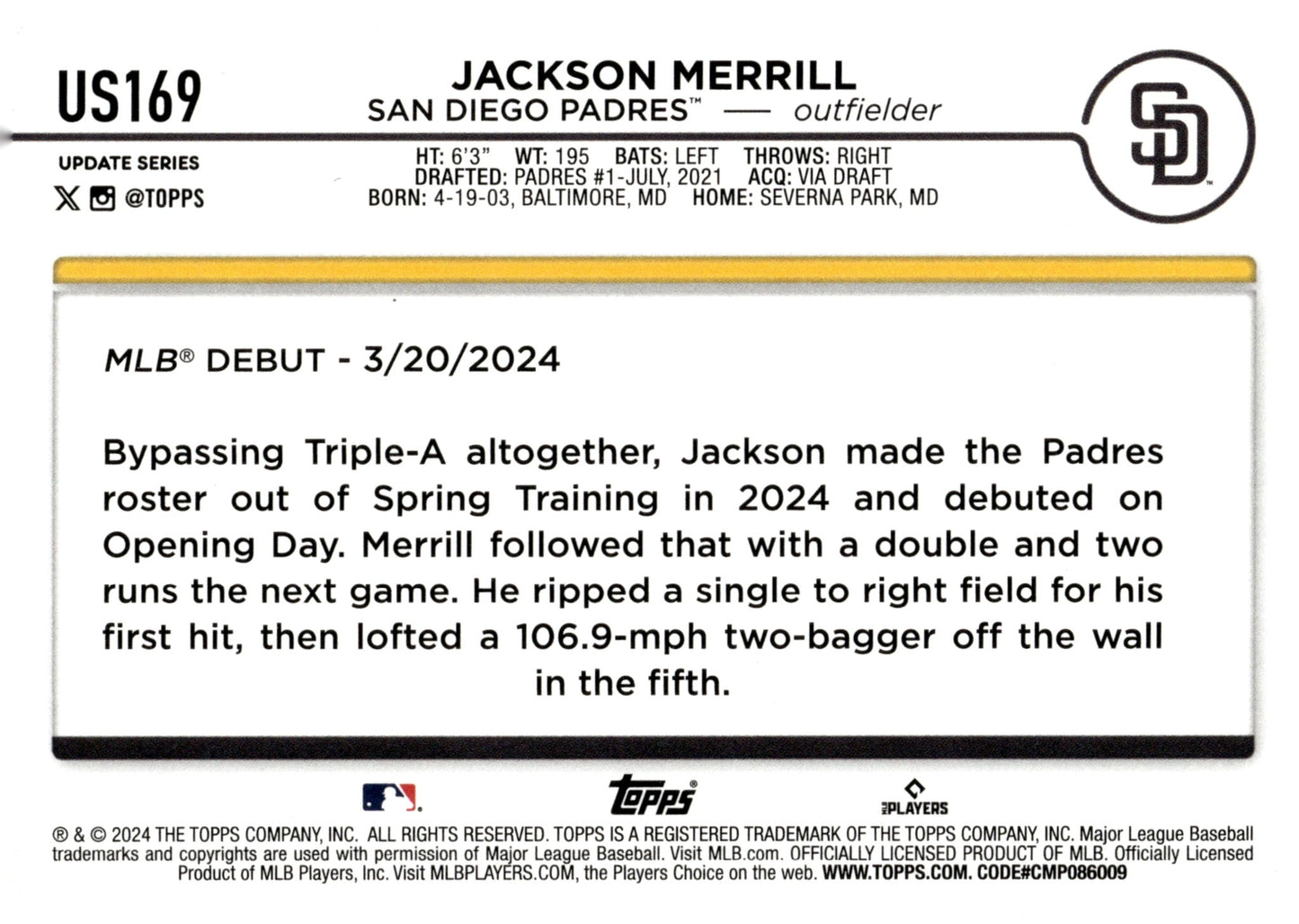 Jackson Merrill 2024 Topps Update Series RC #US169 #2 - Collector Store LLC