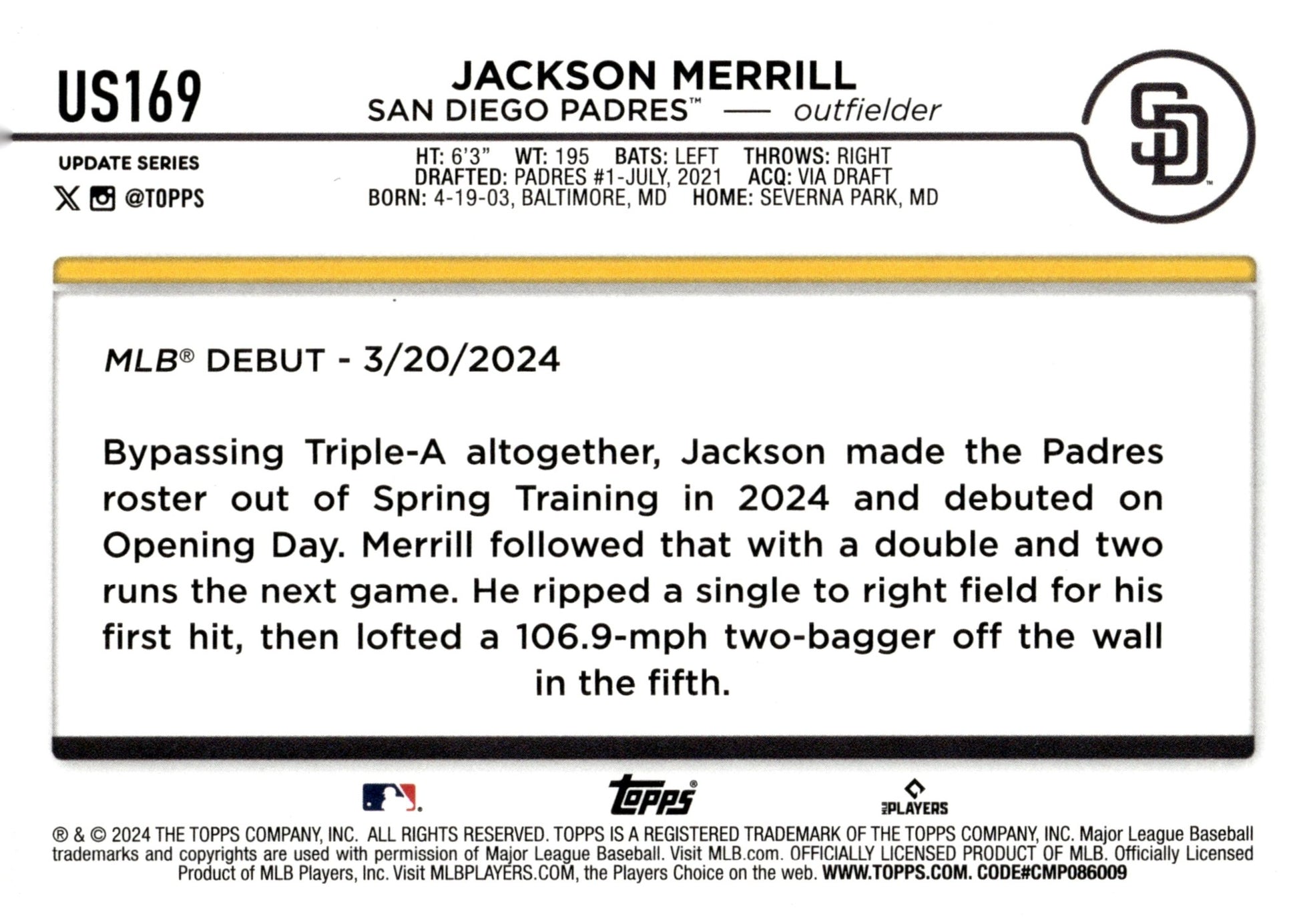 Jackson Merrill 2024 Topps Update Series RC #US169 #2 - Collector Store LLC