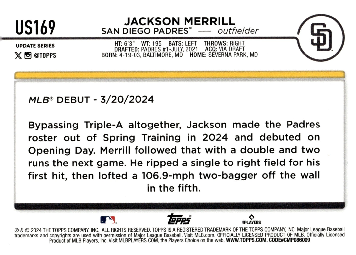 Jackson Merrill 2024 Topps Update Series RC #US169 #3 - Collector Store LLC