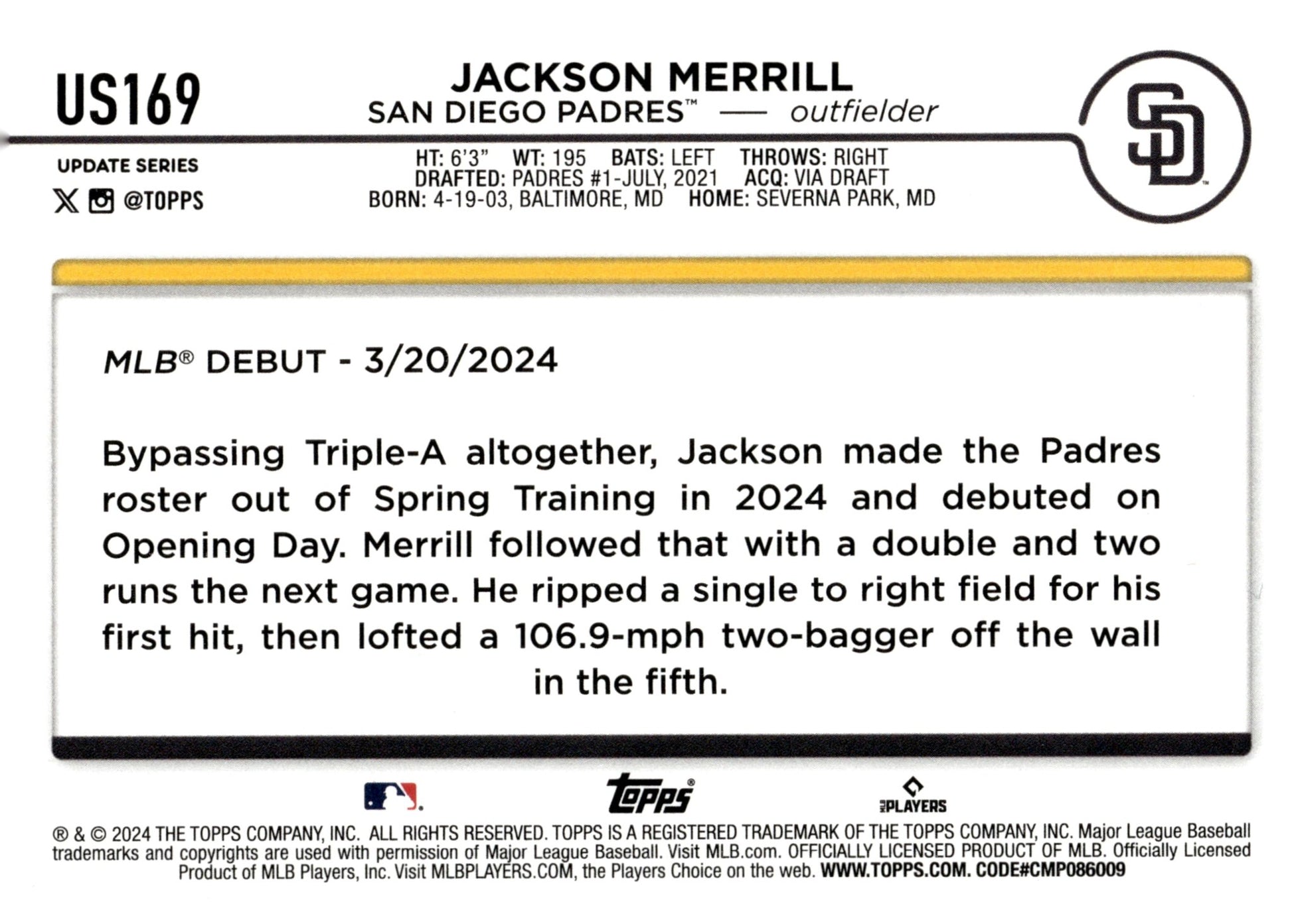 Jackson Merrill 2024 Topps Update Series RC #US169 #3 - Collector Store LLC