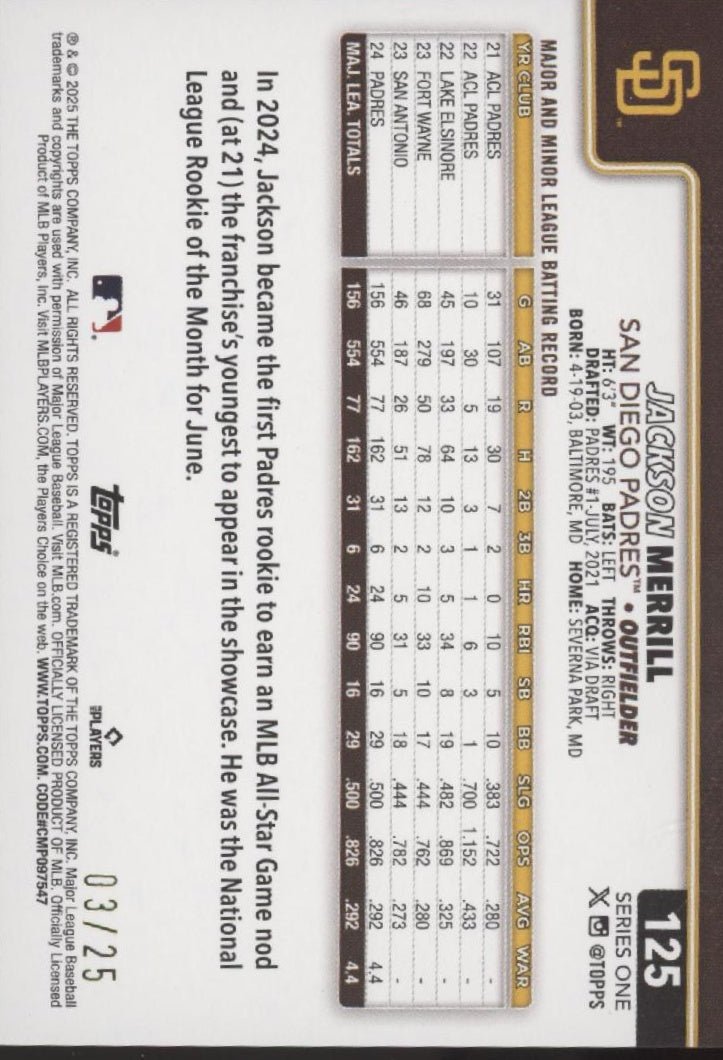 Jackson Merrill 2025 Topps Series 1 Orange Holo 03/25 125 - Collector Store LLC