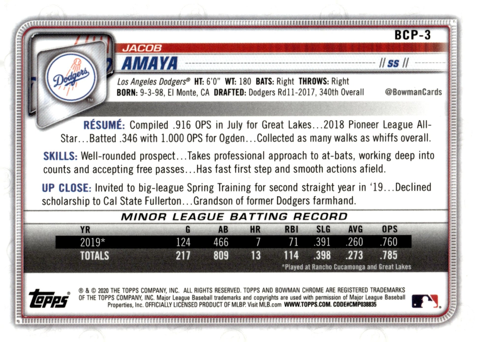 Jacob Amaya 2020 Bowman Chrome Mojo Refractor BCP - 3 2 - Collector Store LLC