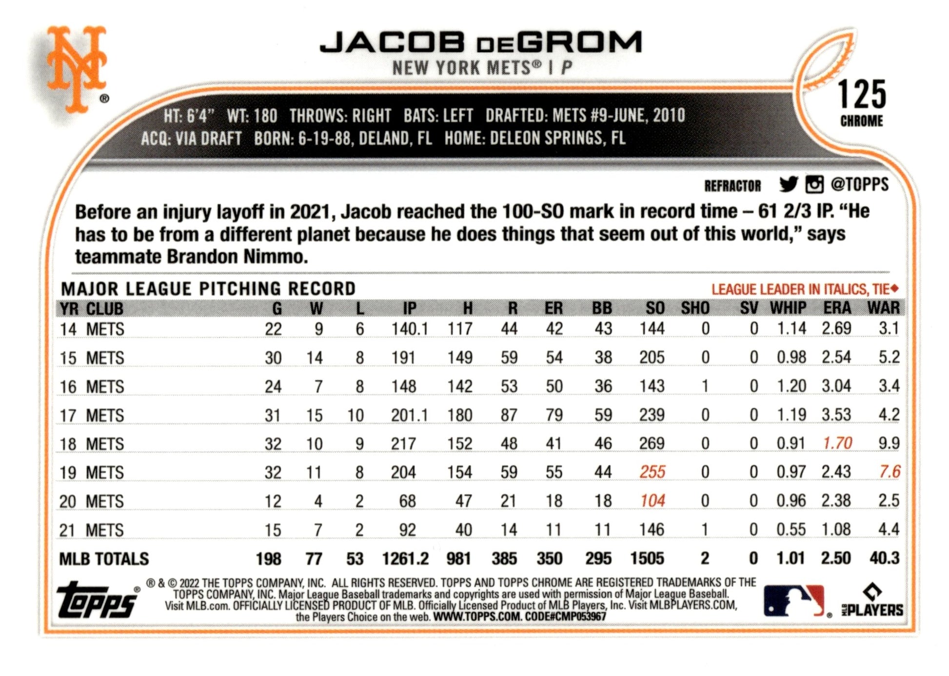 Jacob deGrom 2022 Topps Chrome Refractor 125 - Collector Store LLC