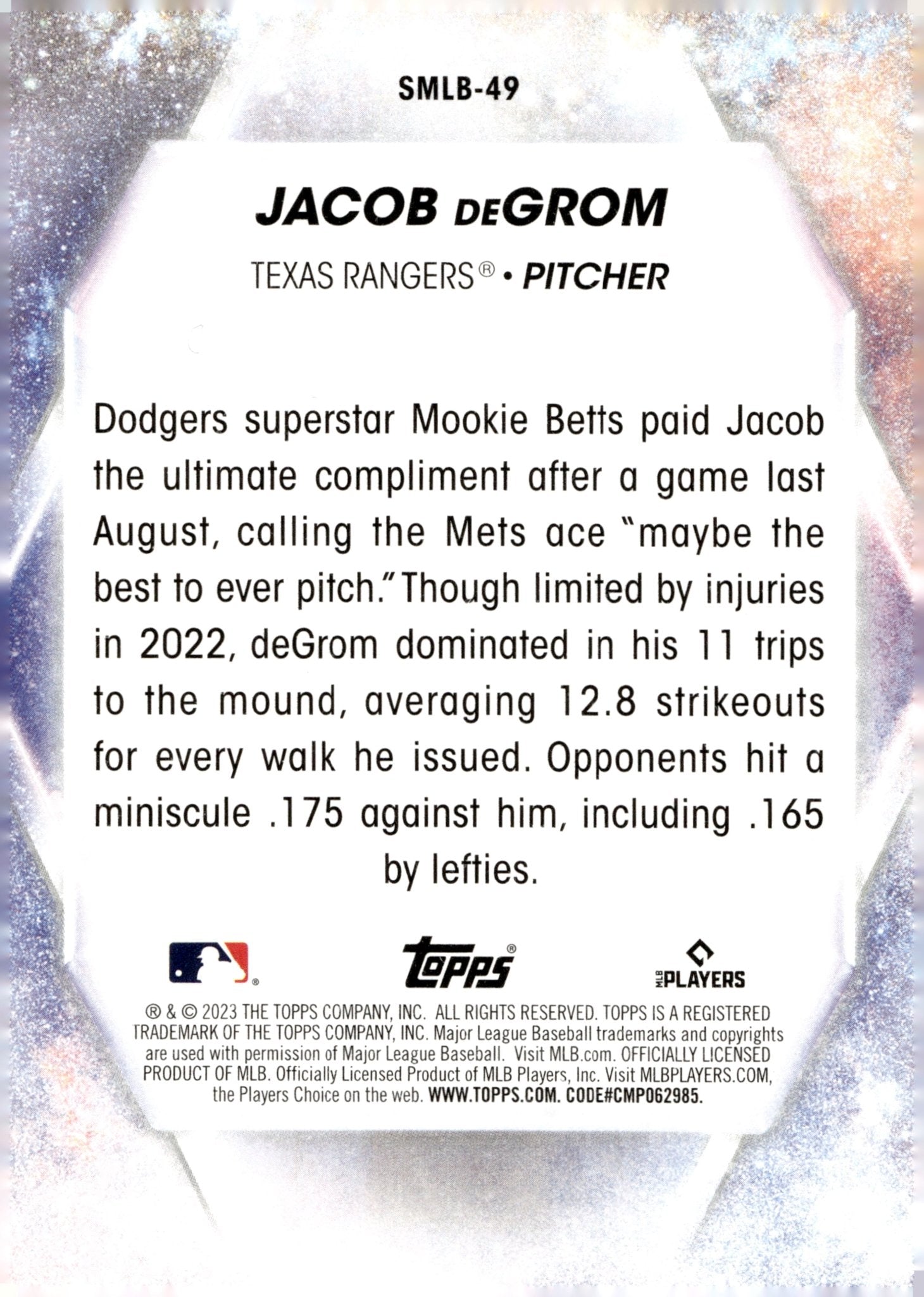 Jacob deGrom 2023 Topps Series 2 Stars of MLB SMLB - 49 - Collector Store LLC
