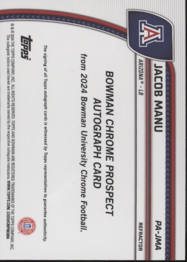 Jacob Manu 2024 Bowman Chrome University Refractor Auto 052/299 PA - JMA - Collector Store LLC
