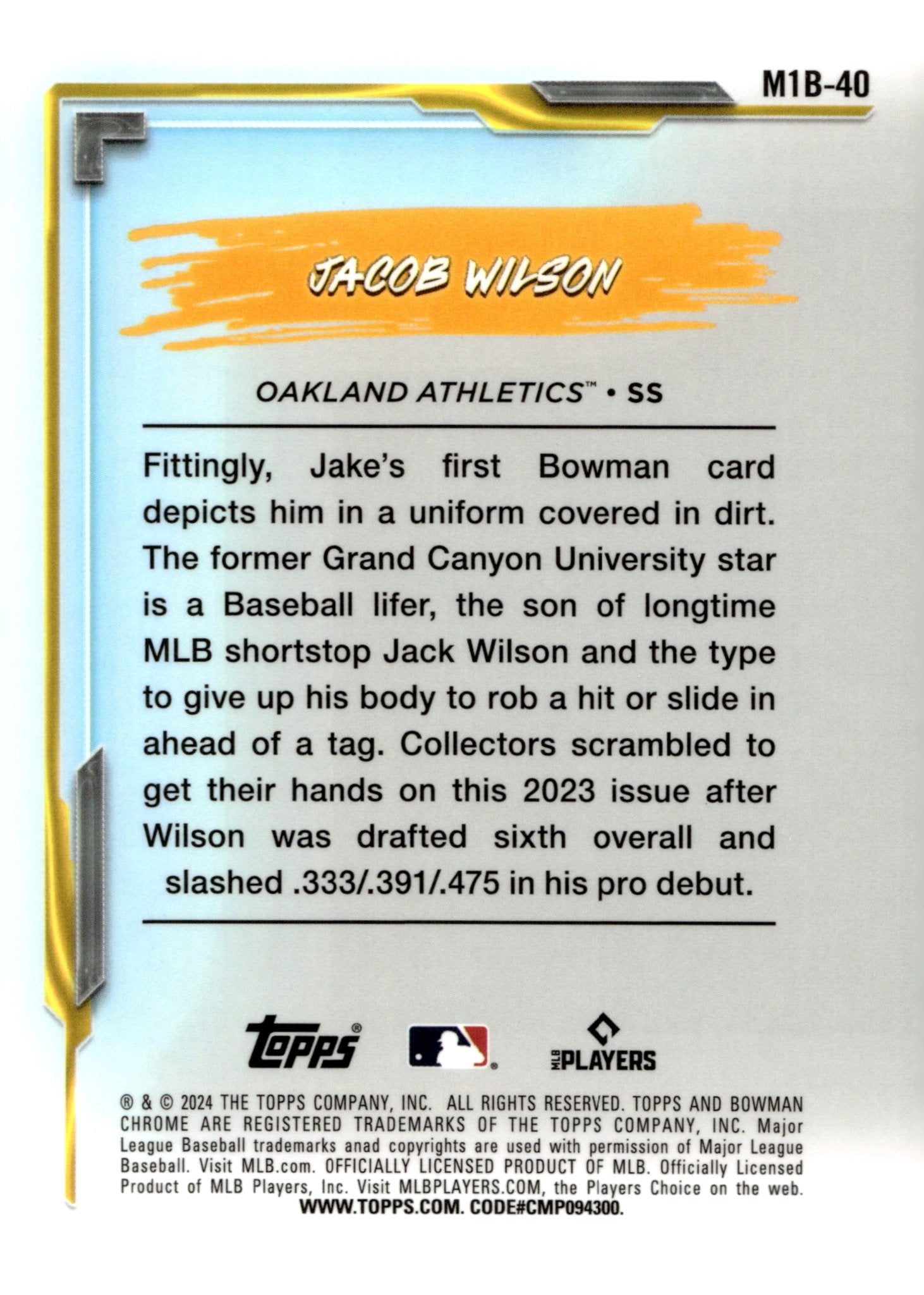 Jacob Wilson 2024 Bowman Chrome My 1st Bowman Mojo Refractor #M1B - 40 - Collector Store LLC
