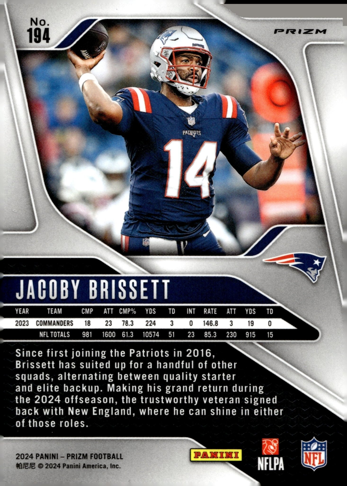 Jacoby Brissett 2024 Panini Prizm Red White & Blue Prizm #194 - Collector Store LLC