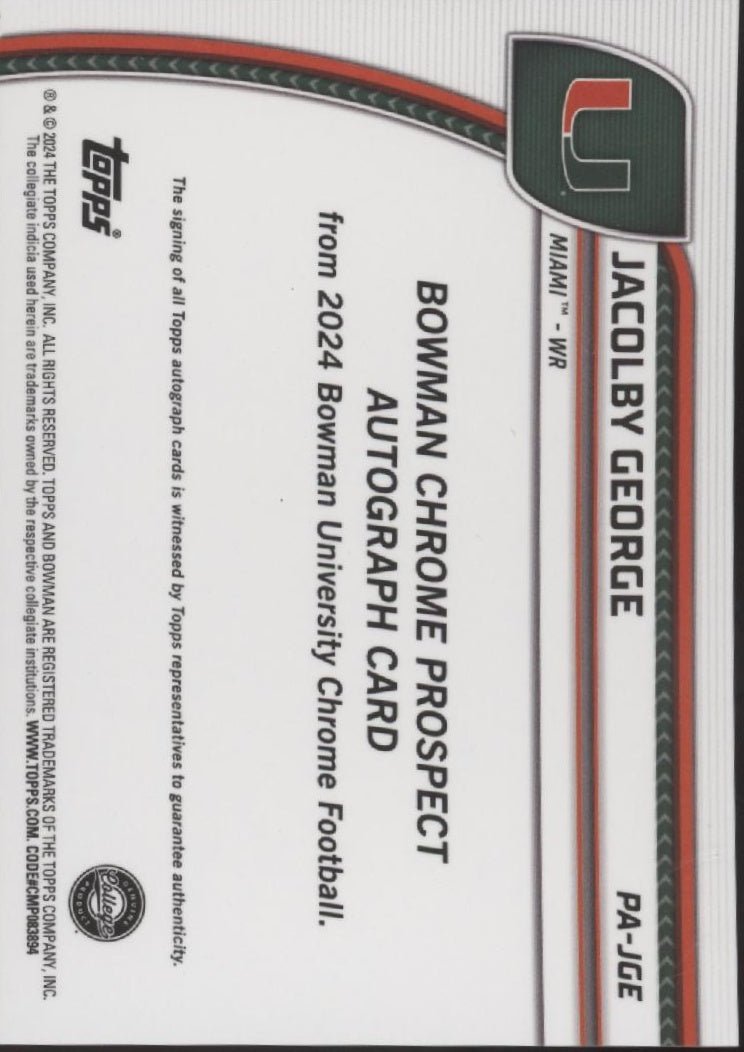 Jacolby George 2024 Bowman Chrome University Auto PA - JGE - Collector Store LLC