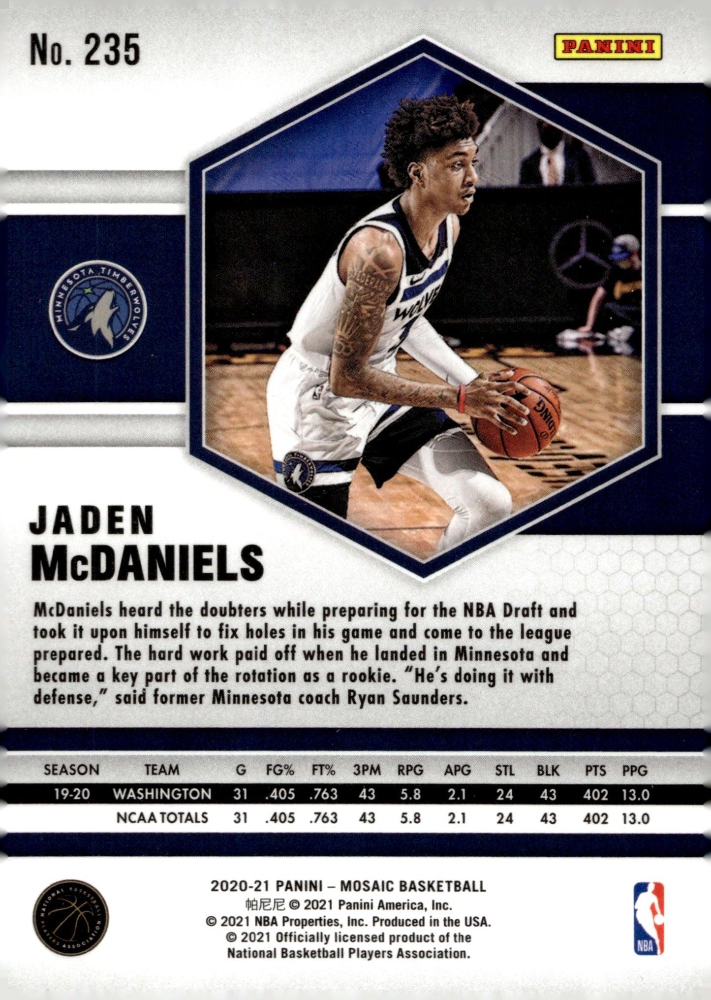 Jaden McDaniels 2020 - 21 Panini Mosaic RC #235 #1 - Collector Store LLC