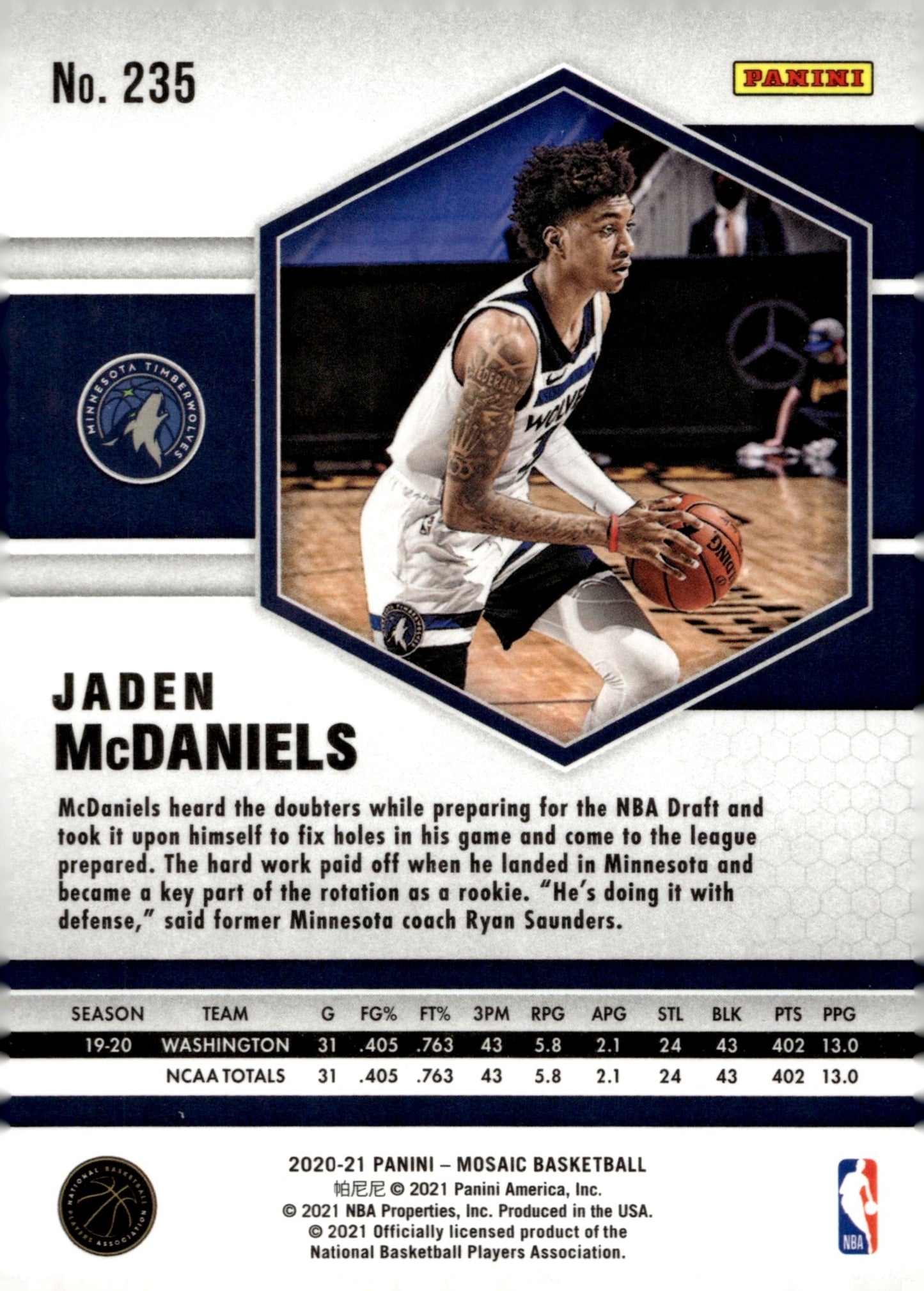 Jaden McDaniels 2020 - 21 Panini Mosaic RC #235 #2 - Collector Store LLC