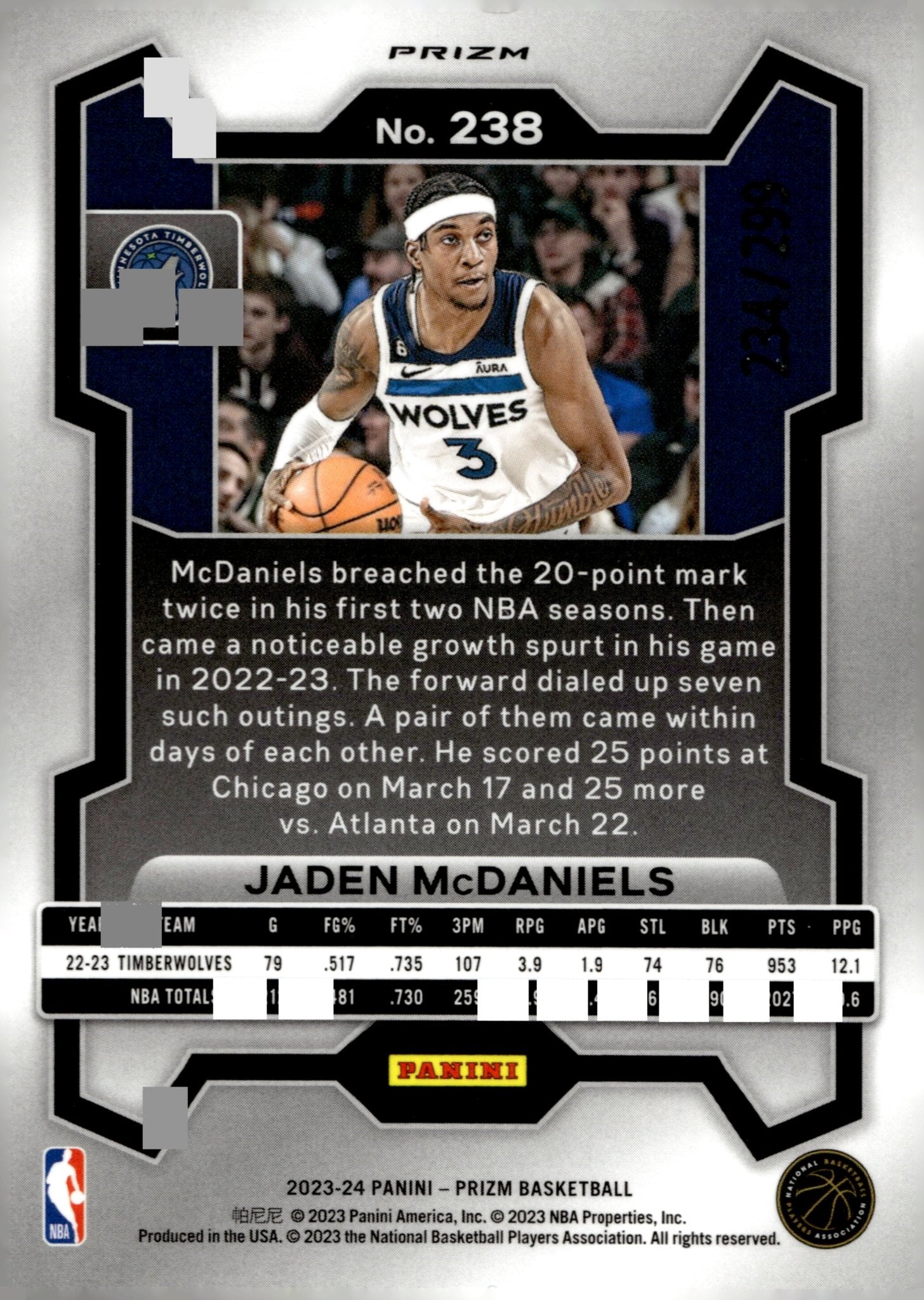 Jaden McDaniels 2023 - 24 Panini Prizm Red Prizm 234/299 #238 - Collector Store LLC