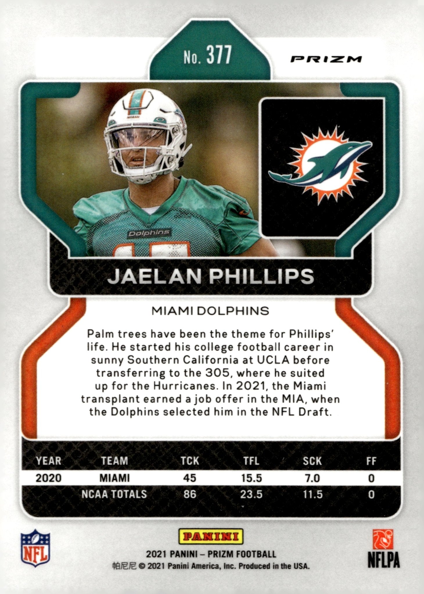 Jaelan Phillips 2021 Panini Prizm Orange Lazer Prizm RC #377 #2 - Collector Store LLC