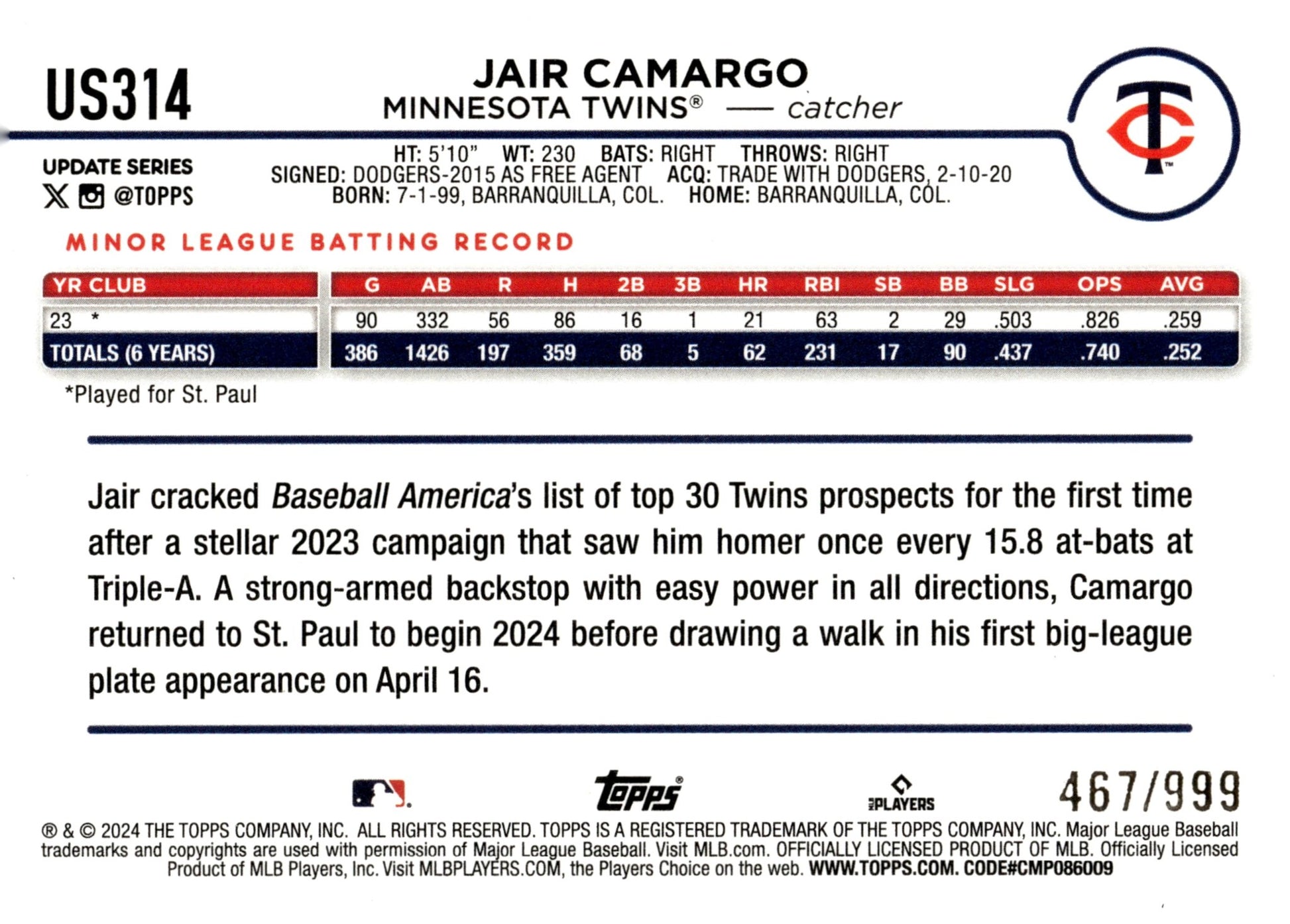 Jair Camargo 2024 Topps Update Series Blue Foilboard 467/999 US314 - Collector Store LLC