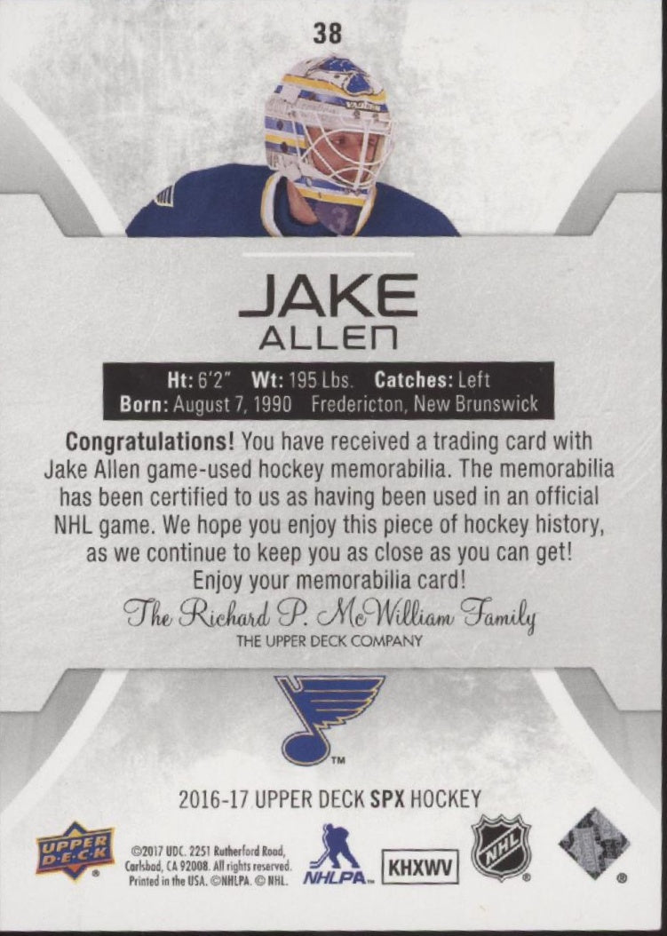 Jake Allen 2016 - 17 Upper Deck SPX Swatch #38 - Collector Store LLC