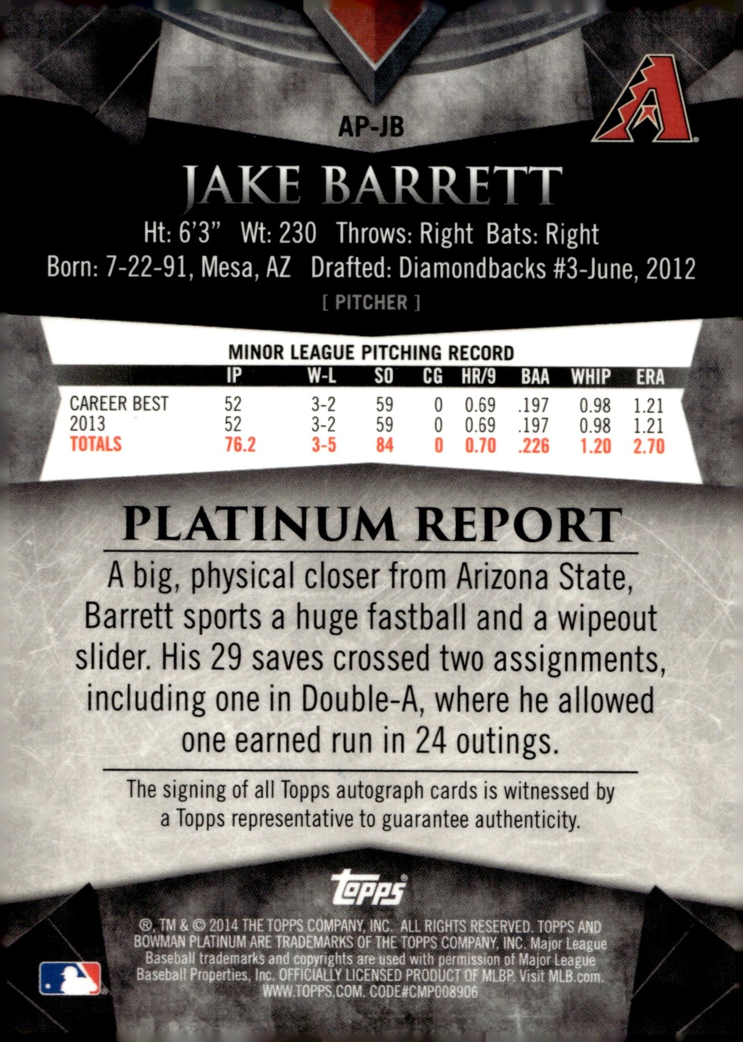 Jake Barrett 2014 Bowman Platinum Green Refractor Auto 179/399 #AP - JB - Collector Store LLC