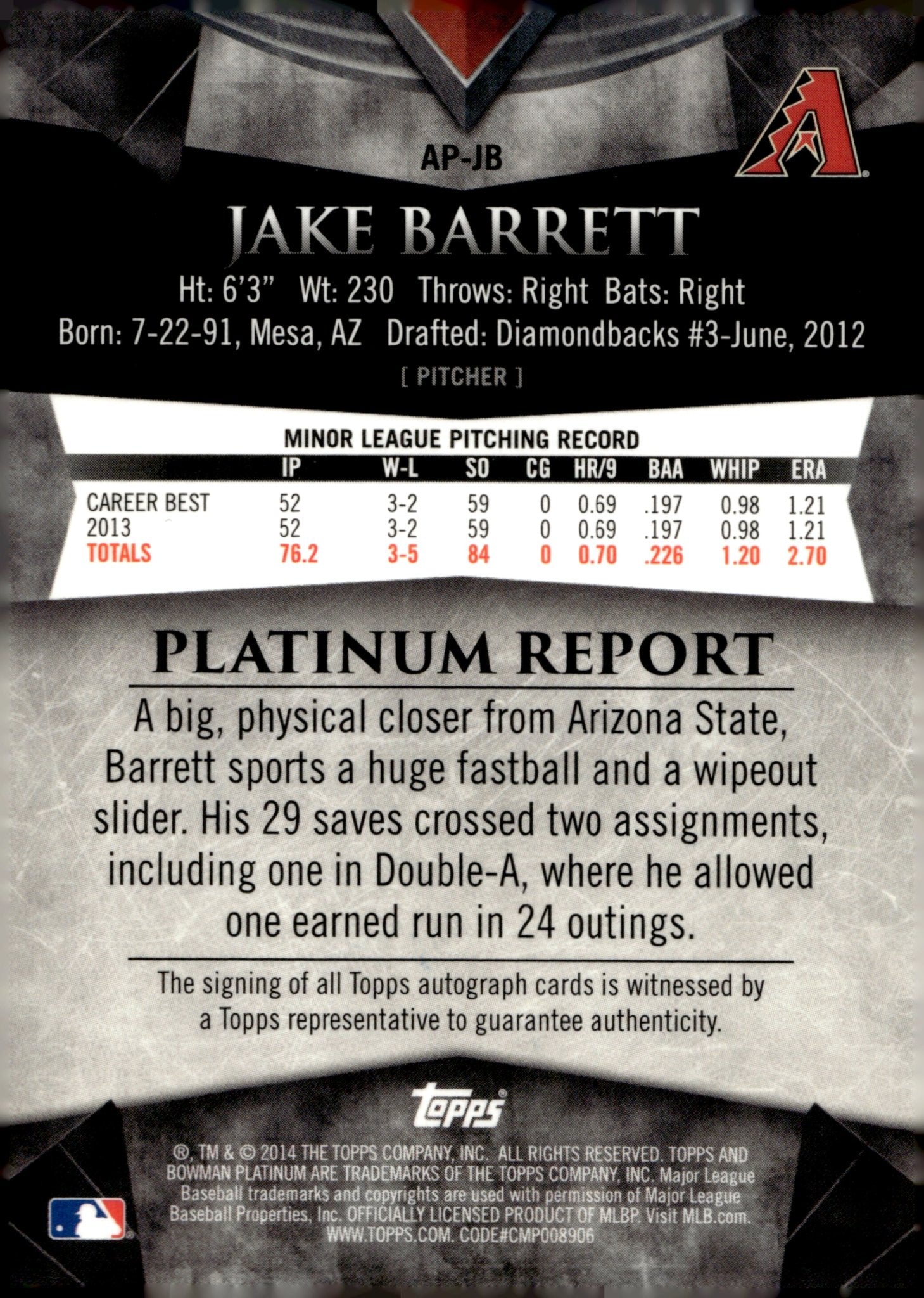 Jake Barrett 2014 Bowman Platinum Green Refractor Auto 179/399 #AP - JB - Collector Store LLC