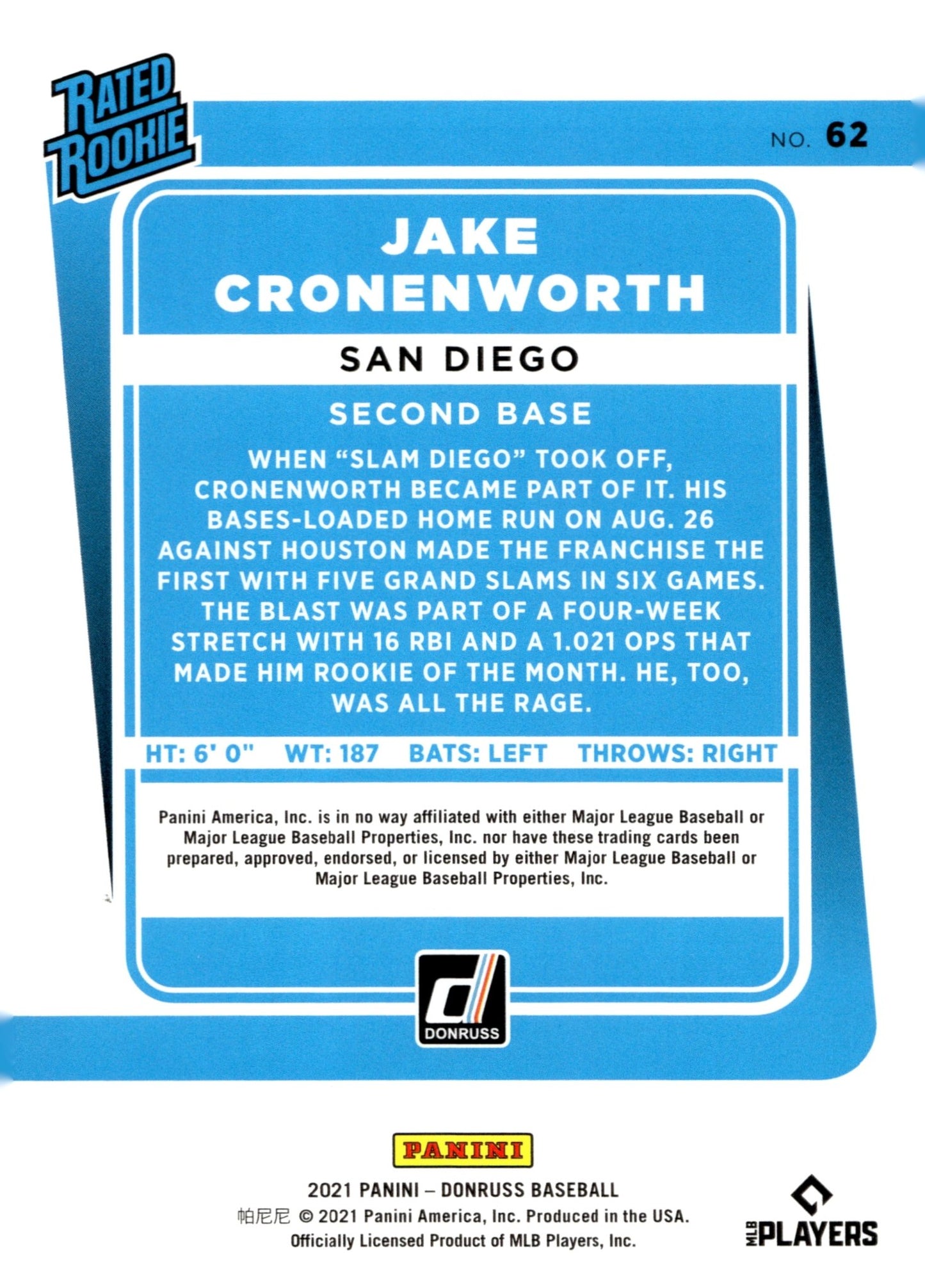 Jake Cronenworth 2021 Panini Donruss Rated Rookie Blue Holo RC 62 - Collector Store LLC