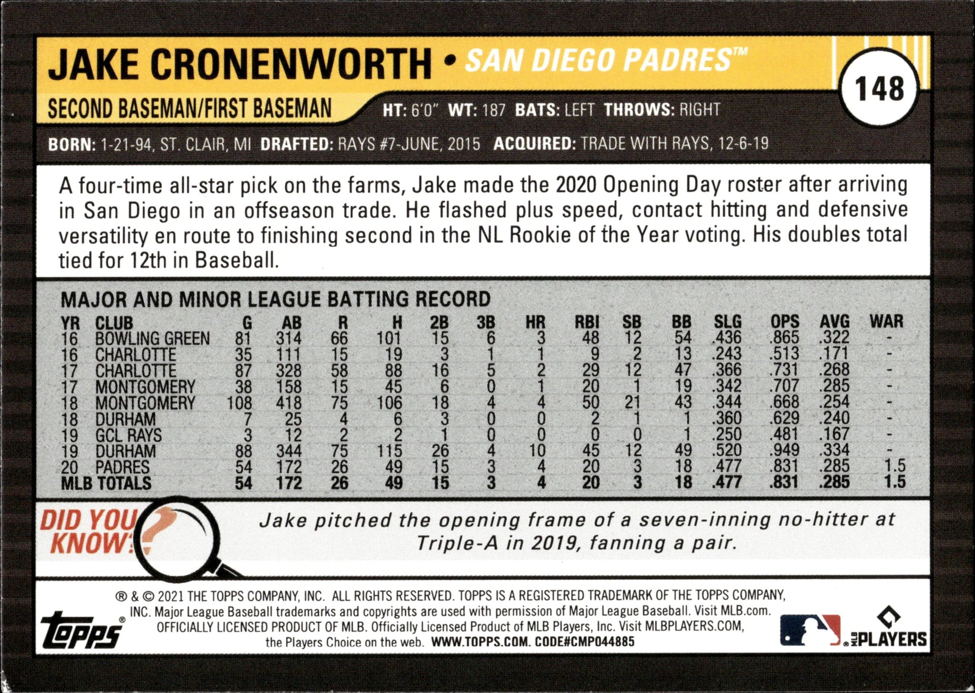 Jake Cronenworth 2021 Topps Big League Orange RC #148 - Collector Store LLC