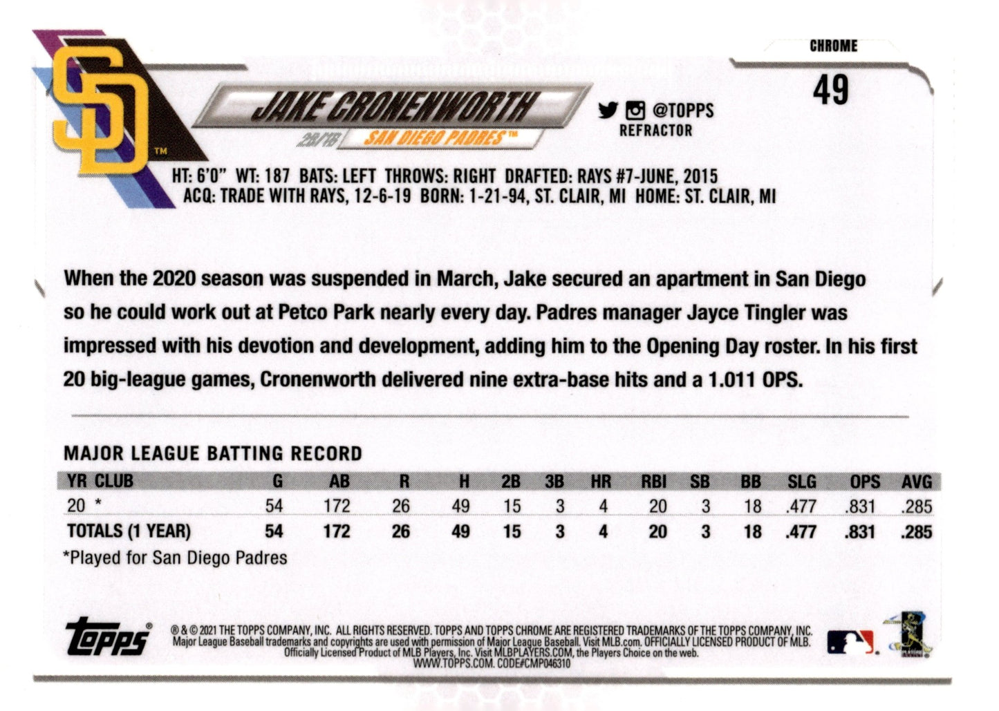 Jake Cronenworth 2021 Topps Chrome Refractor RC #49 - Collector Store LLC