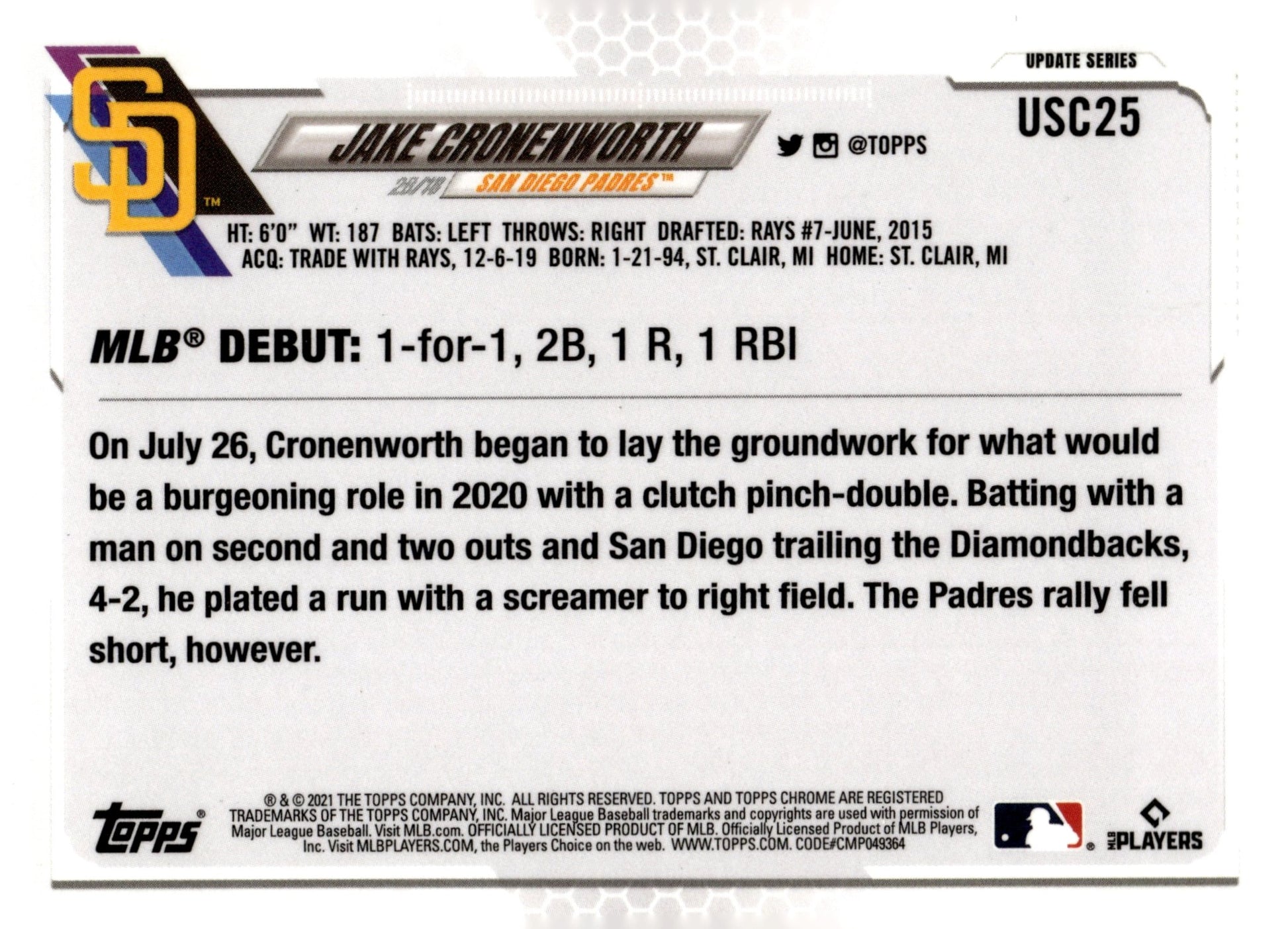 Jake Cronenworth 2021 Topps Chrome Update Series Debut Purple Refractor RC #1 - Collector Store LLC