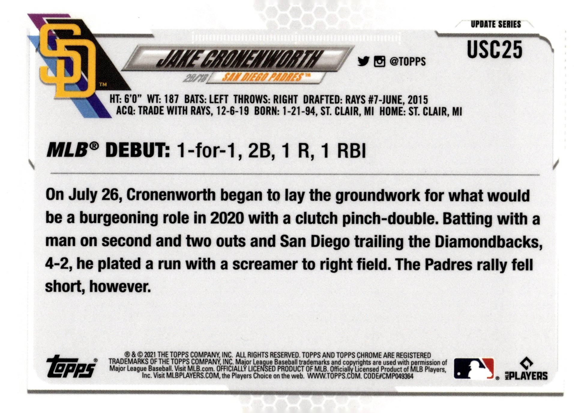 Jake Cronenworth 2021 Topps Chrome Update Series Debut Purple Refractor RC #2 - Collector Store LLC