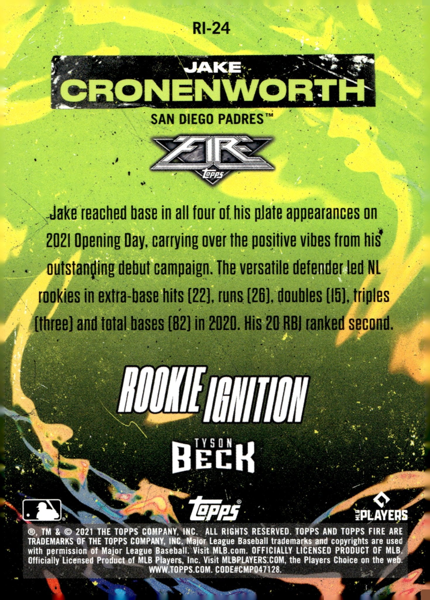Jake Cronenworth 2021 Topps Fire Rookie Ignition RC RI - 24 - Collector Store LLC