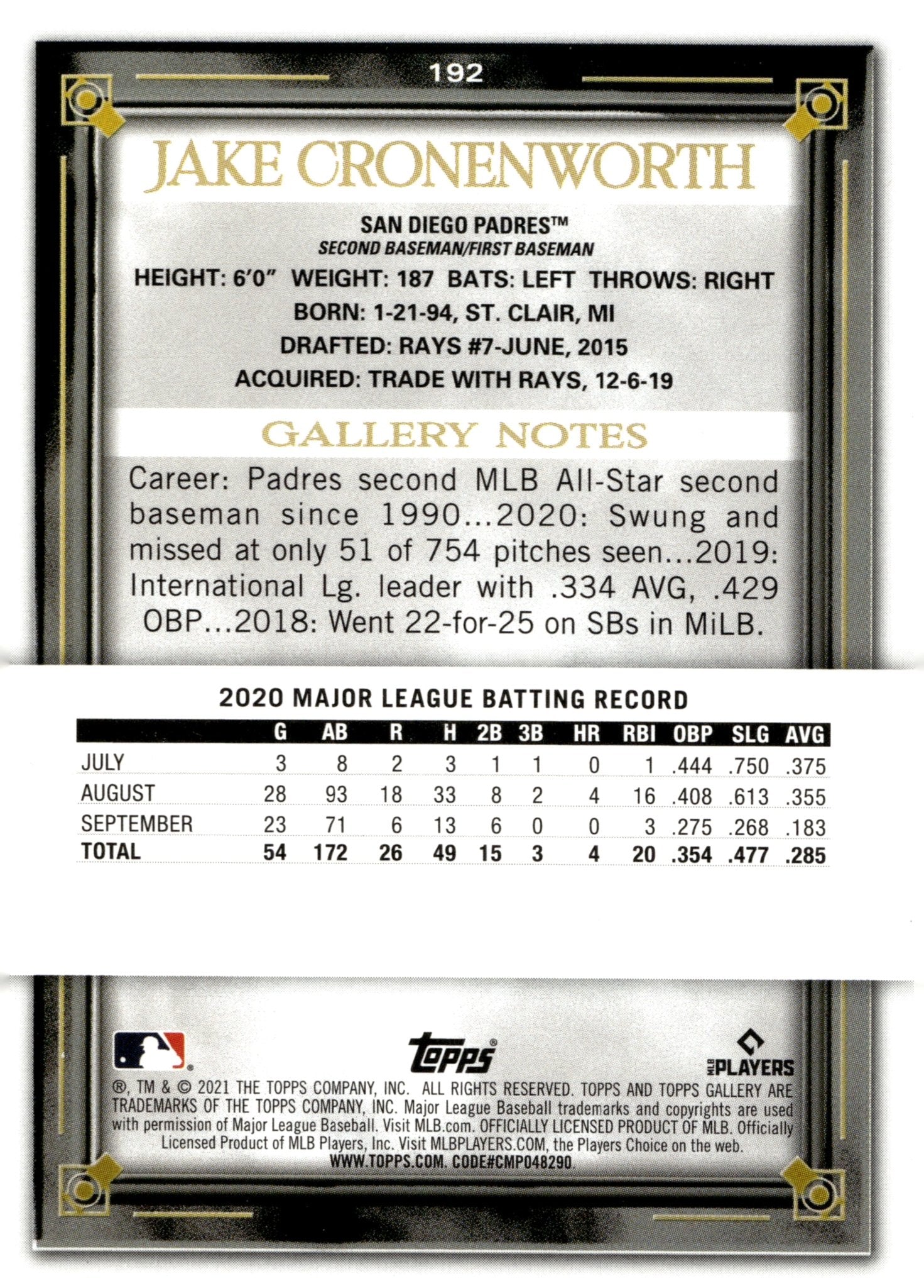 Jake Cronenworth 2021 Topps Gallery Holo RC 192 - Collector Store LLC