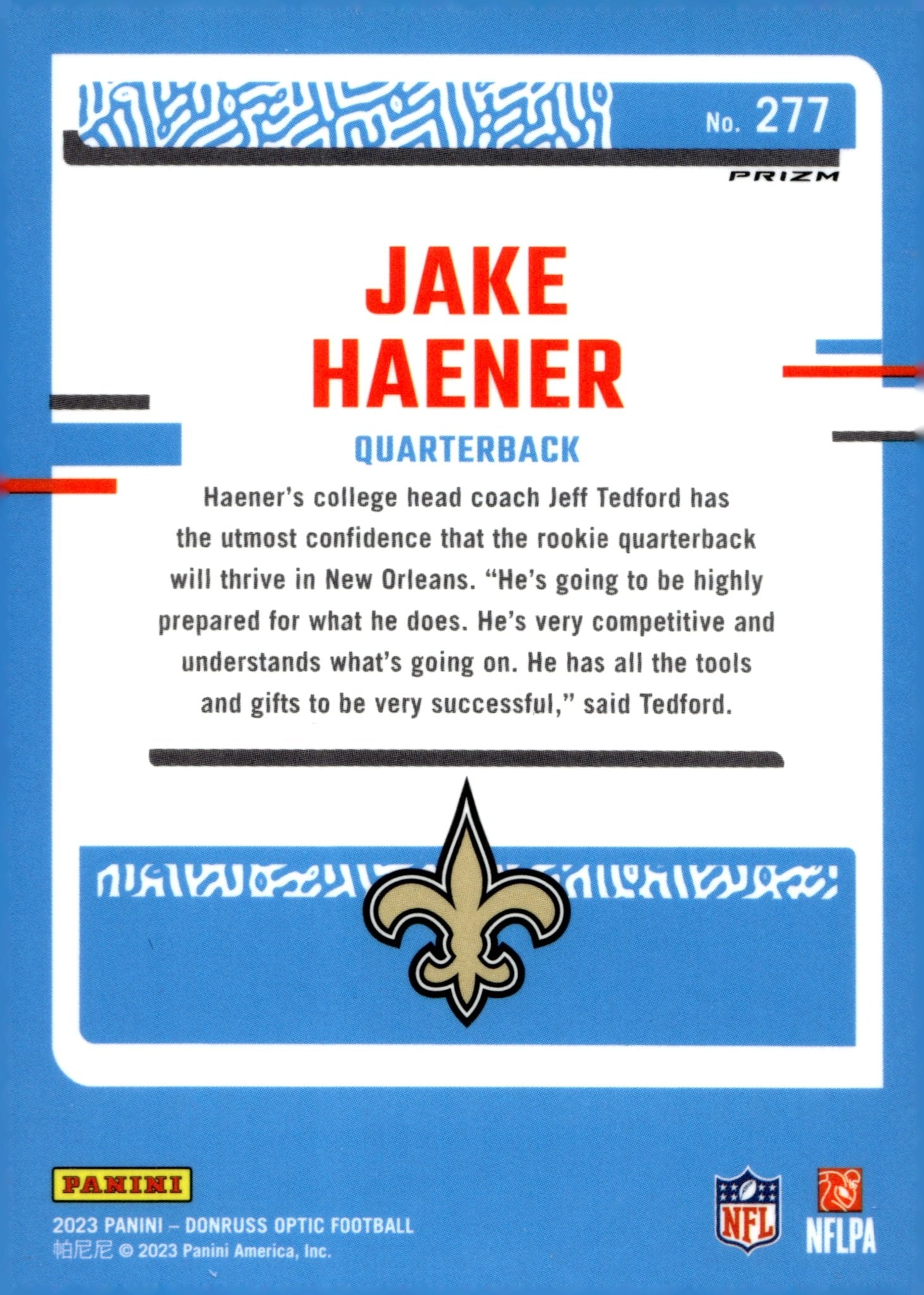 Jake Haener 2023 Panini Donruss Optic Rated Rookie Blue Prism Prizm RC #277 - Collector Store LLC