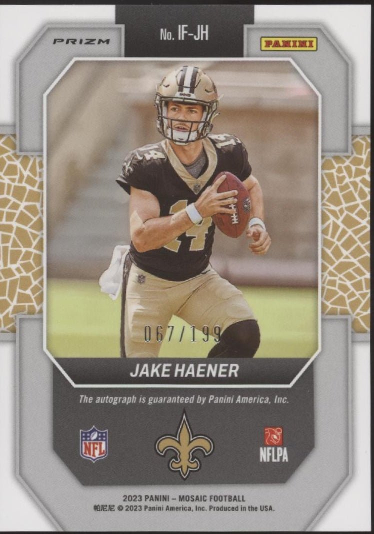 Jake Haener 2023 Panini Mosaic In Focus Red Prizm Auto 067/199 #IF - JH - Collector Store LLC