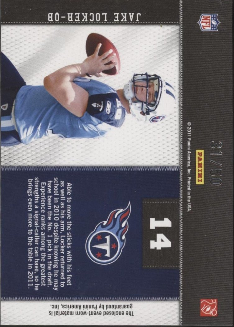 Jake Locker 2011 Panini Threads Rookie Collection Prime Swatch RC 31/50 #14 - Collector Store LLC