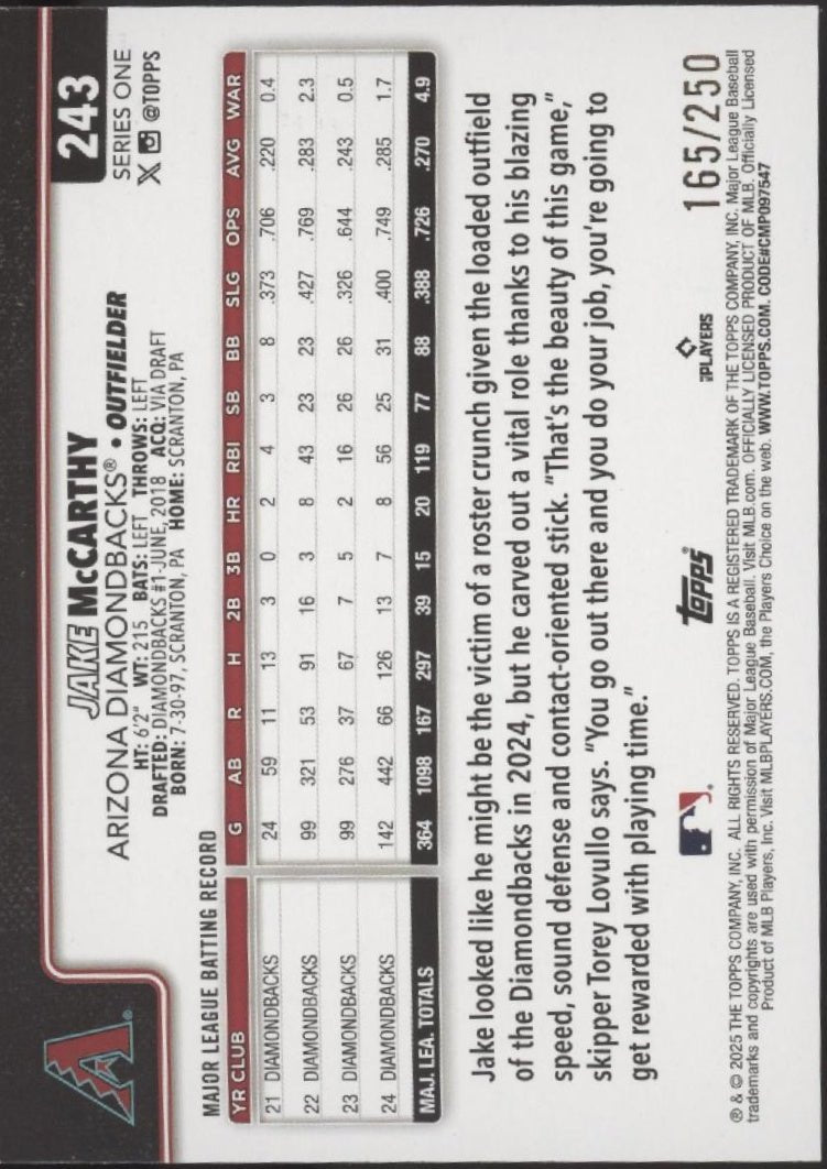 Jake McCarthy 2025 Topps Series 1 Purple Foil 165/250 #243 - Collector Store LLC