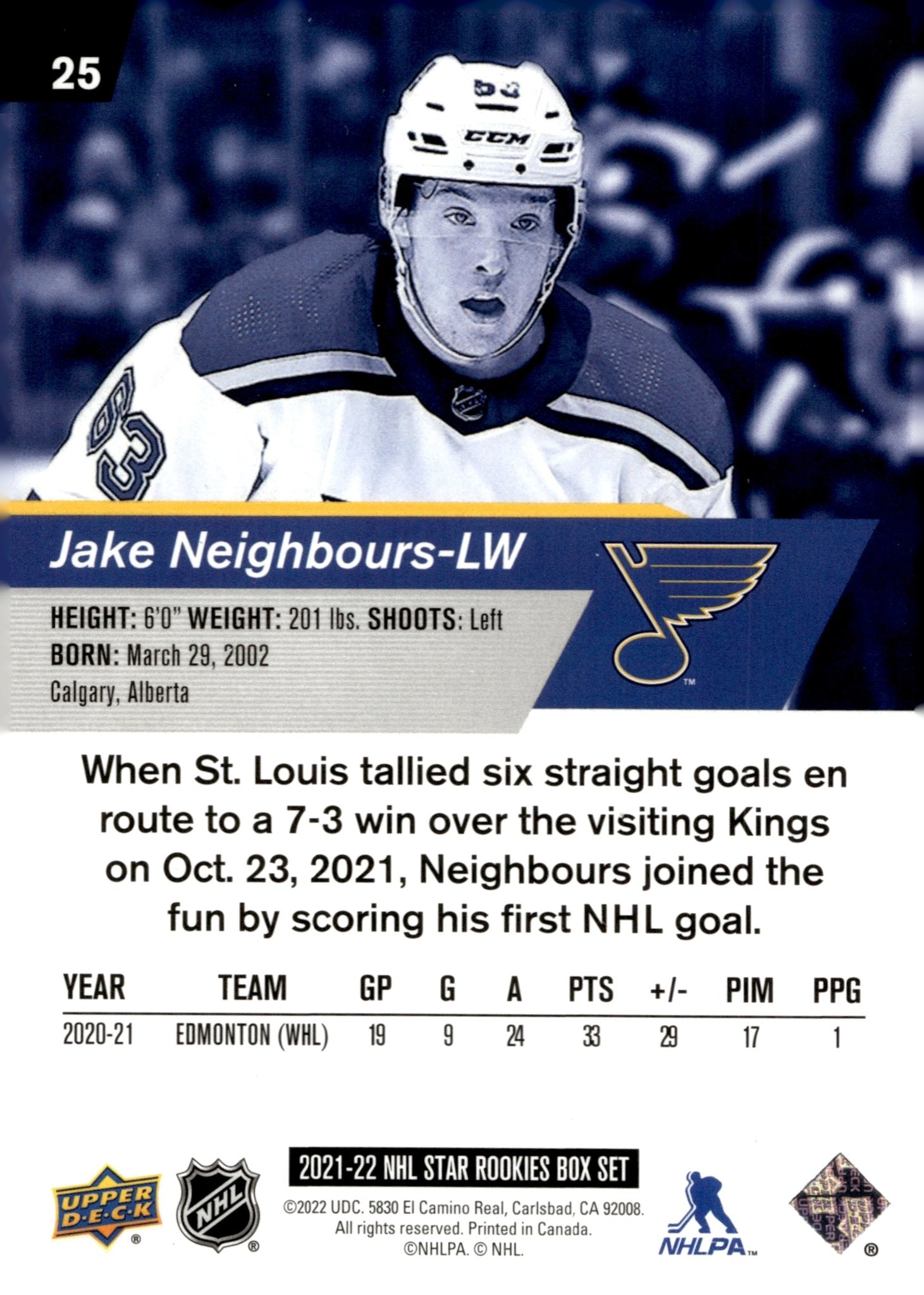 Jake Neighbours 2021 - 22 Upper Deck Star Rookies Box Set RC #25 - Collector Store LLC